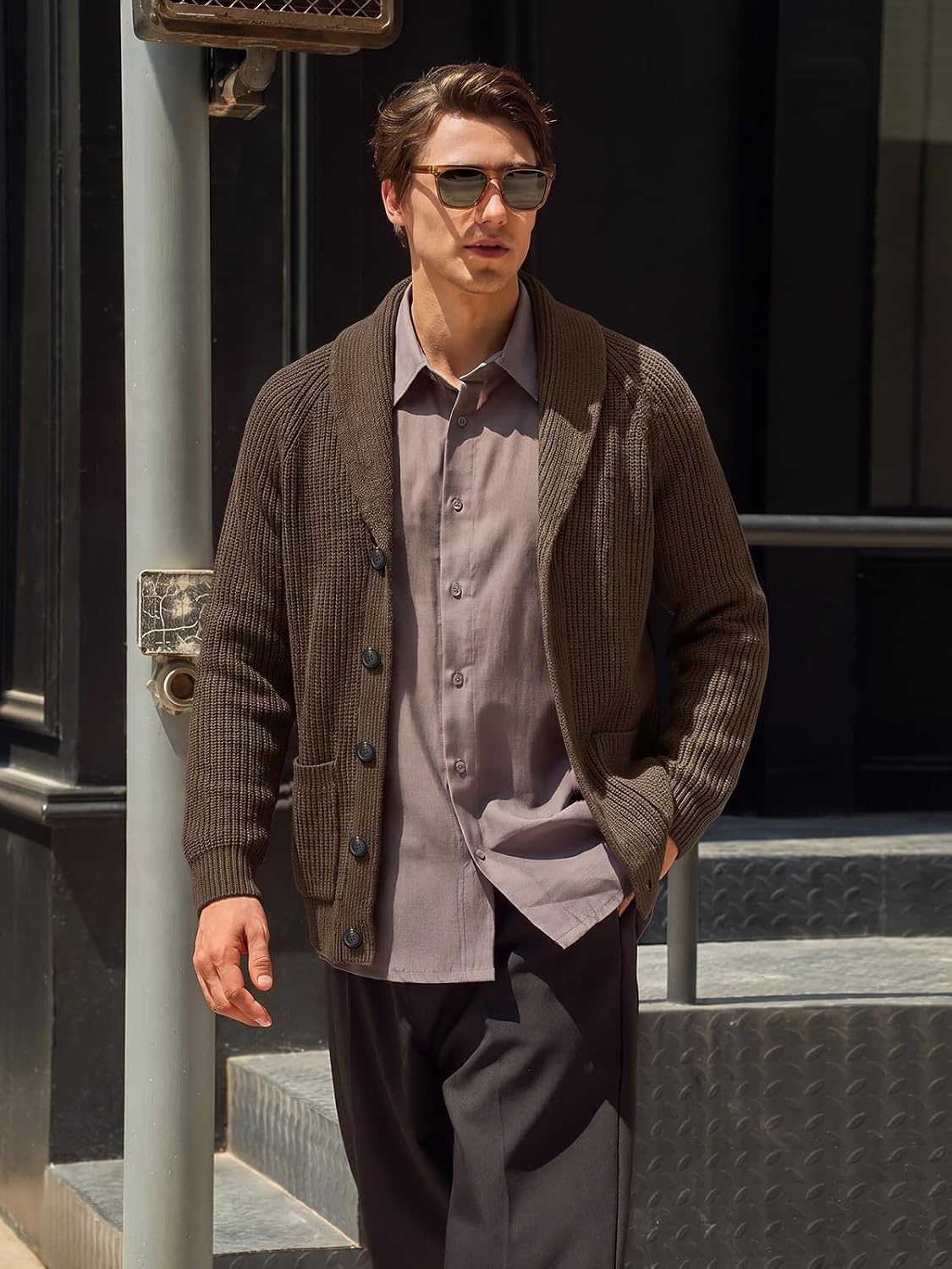 image:imageRuncati Mens Cardigan Sweater Shawl Collar Button Down Casual Knit SweatersBrown