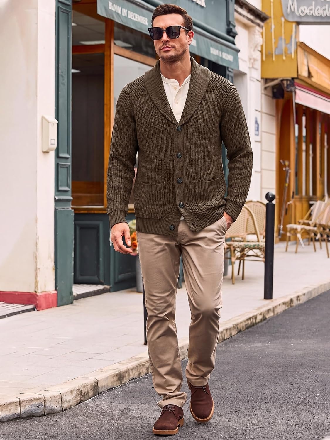 image:imageRuncati Mens Cardigan Sweater Shawl Collar Button Down Casual Knit SweatersBrown