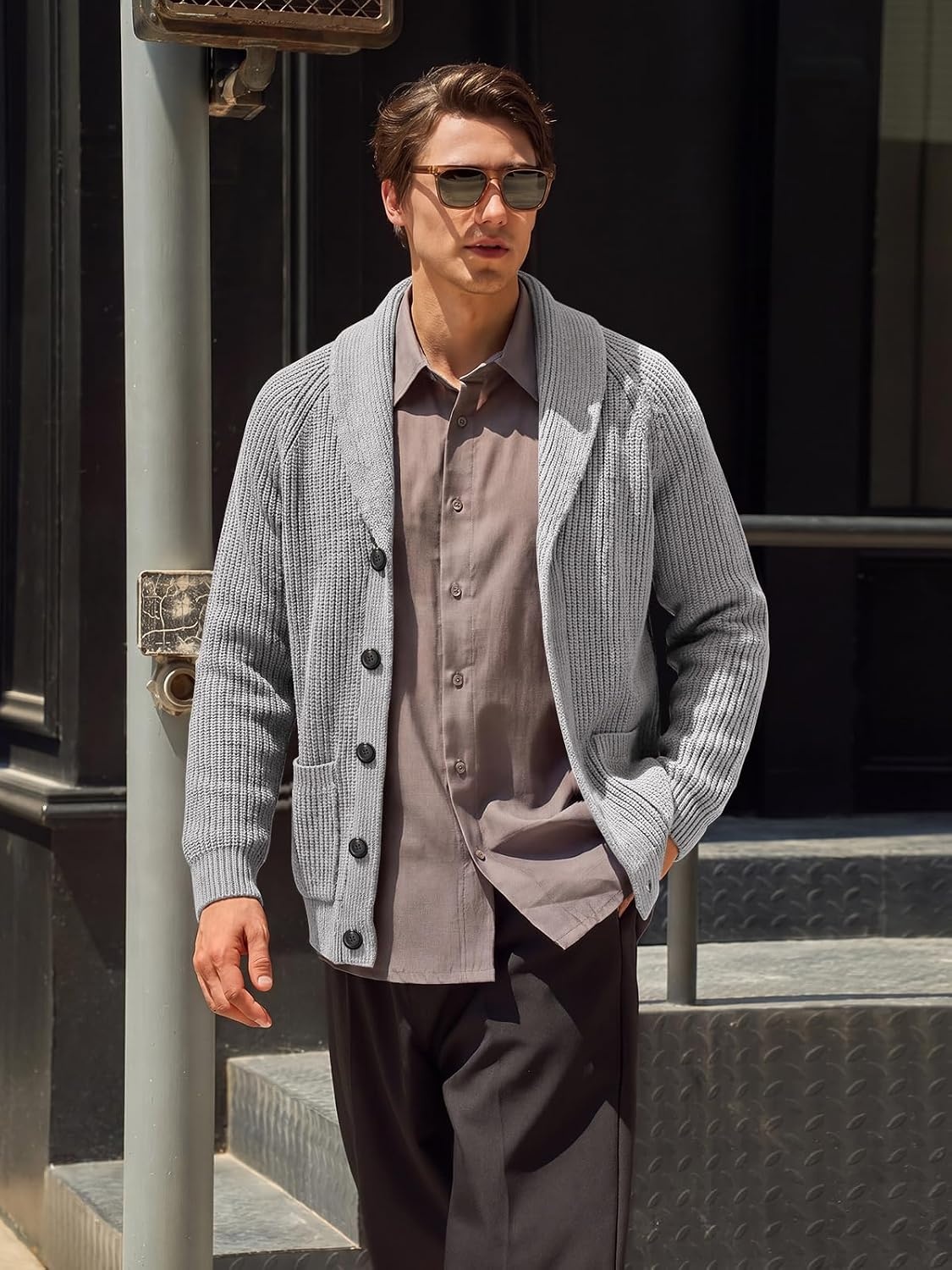 image:imageRuncati Mens Cardigan Sweater Shawl Collar Button Down Casual Knit SweatersGrey
