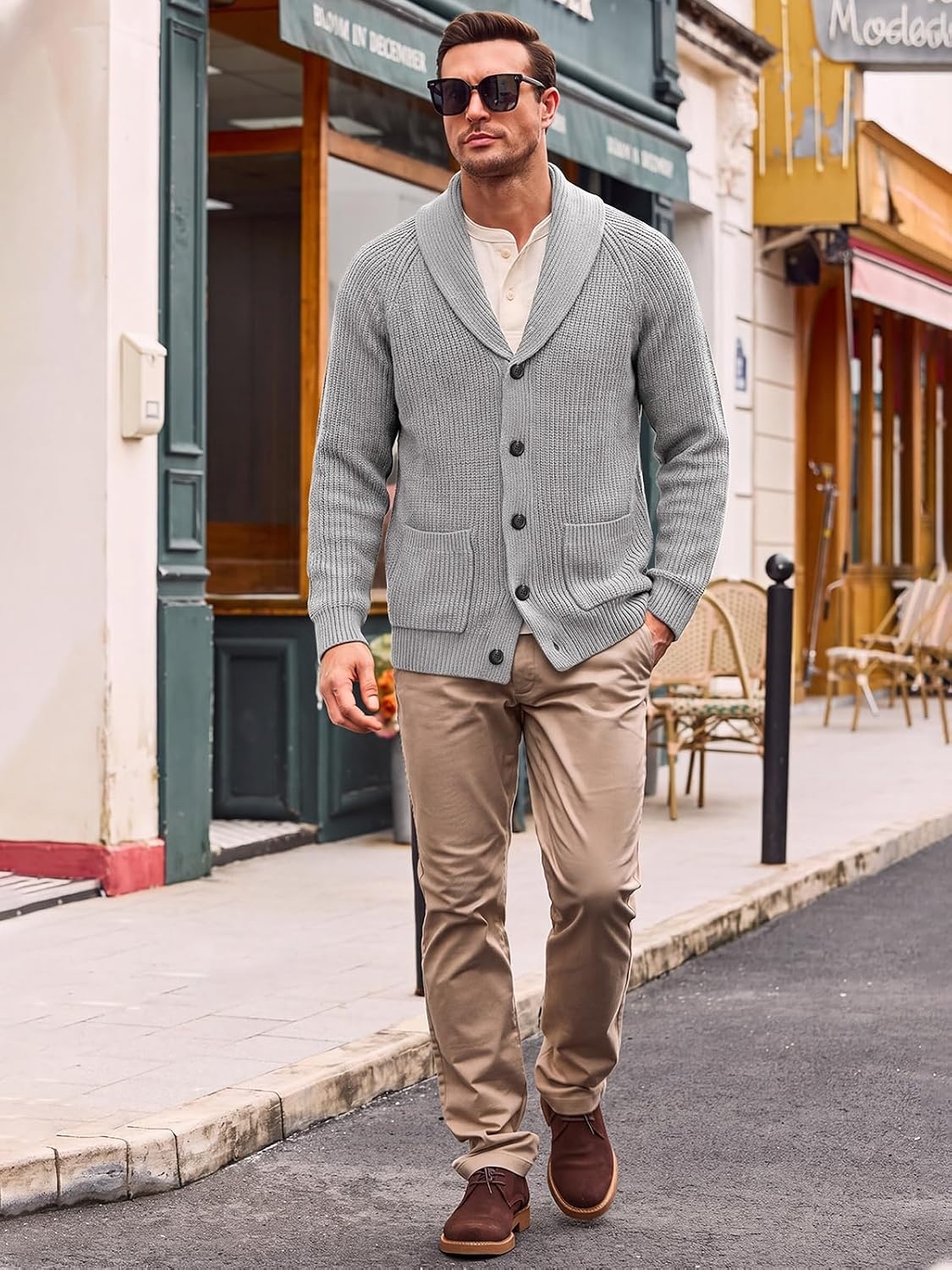image:imageRuncati Mens Cardigan Sweater Shawl Collar Button Down Casual Knit SweatersGrey