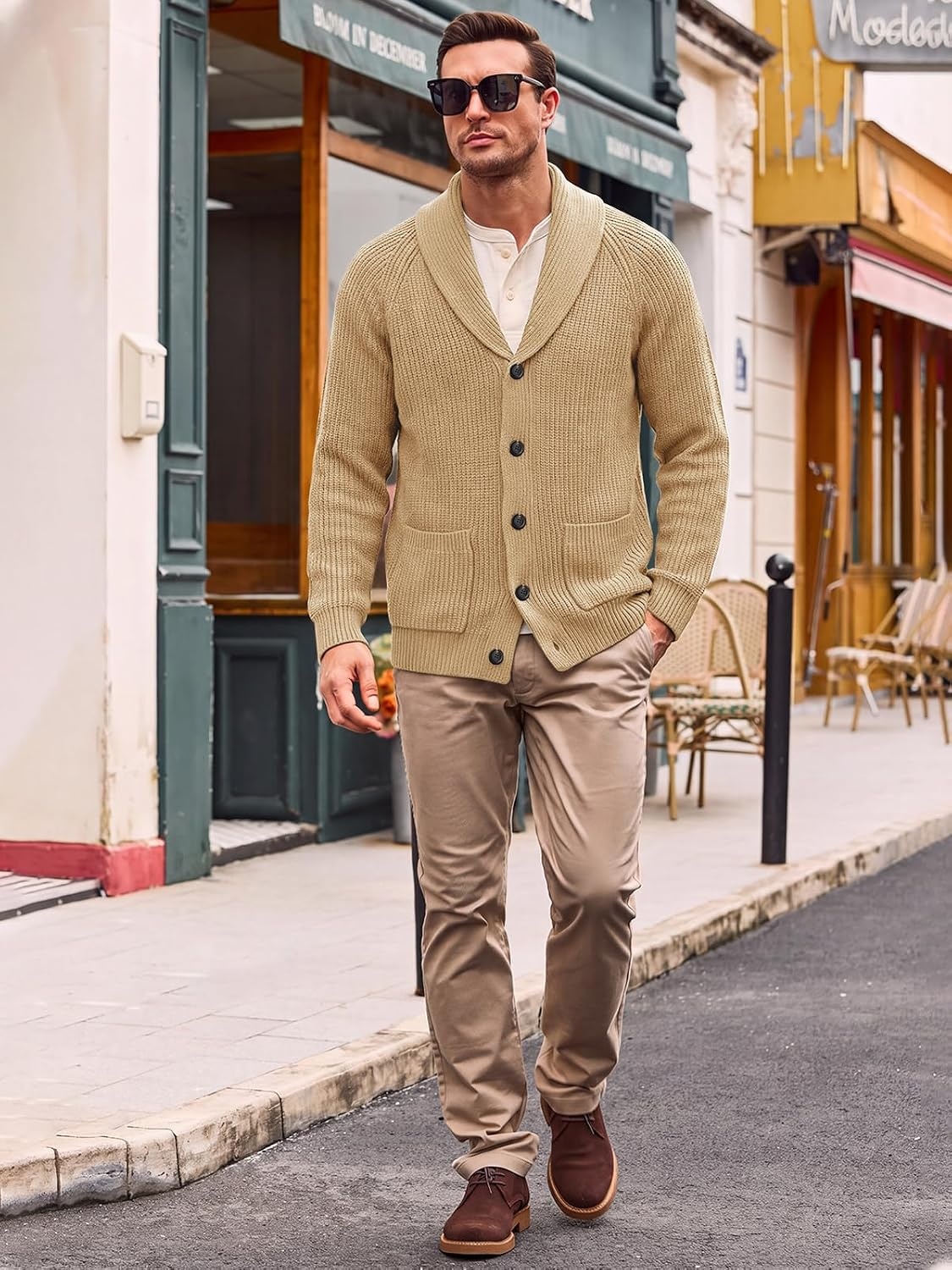 image:imageRuncati Mens Cardigan Sweater Shawl Collar Button Down Casual Knit SweatersKhaki
