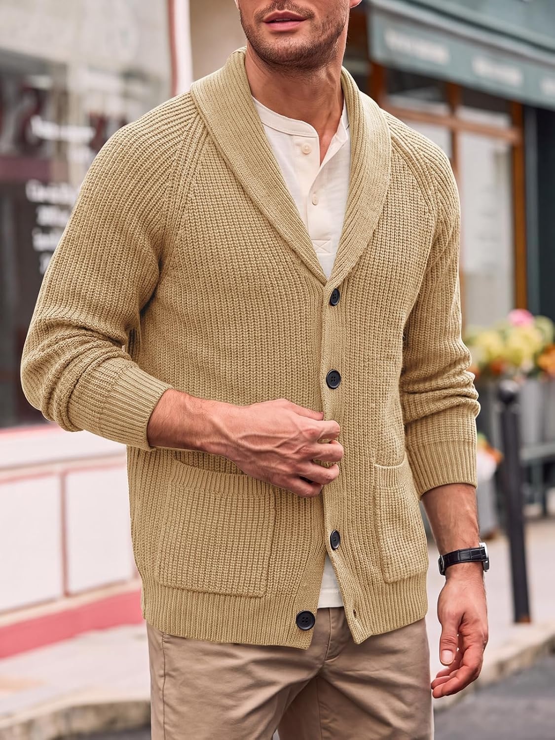 image:imageRuncati Mens Cardigan Sweater Shawl Collar Button Down Casual Knit SweatersKhaki