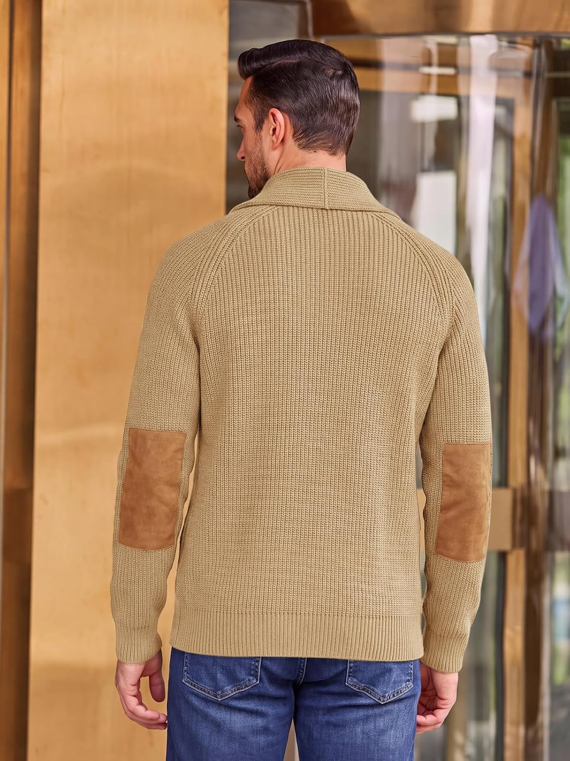 image:imageRuncati Mens Cardigan Sweater Shawl Collar Button Down Casual Knit SweatersKhaki
