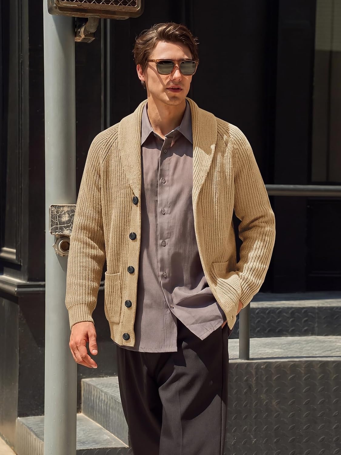 image:imageRuncati Mens Cardigan Sweater Shawl Collar Button Down Casual Knit SweatersKhaki