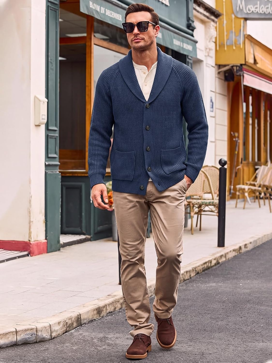 image:imageRuncati Mens Cardigan Sweater Shawl Collar Button Down Casual Knit SweatersNavy