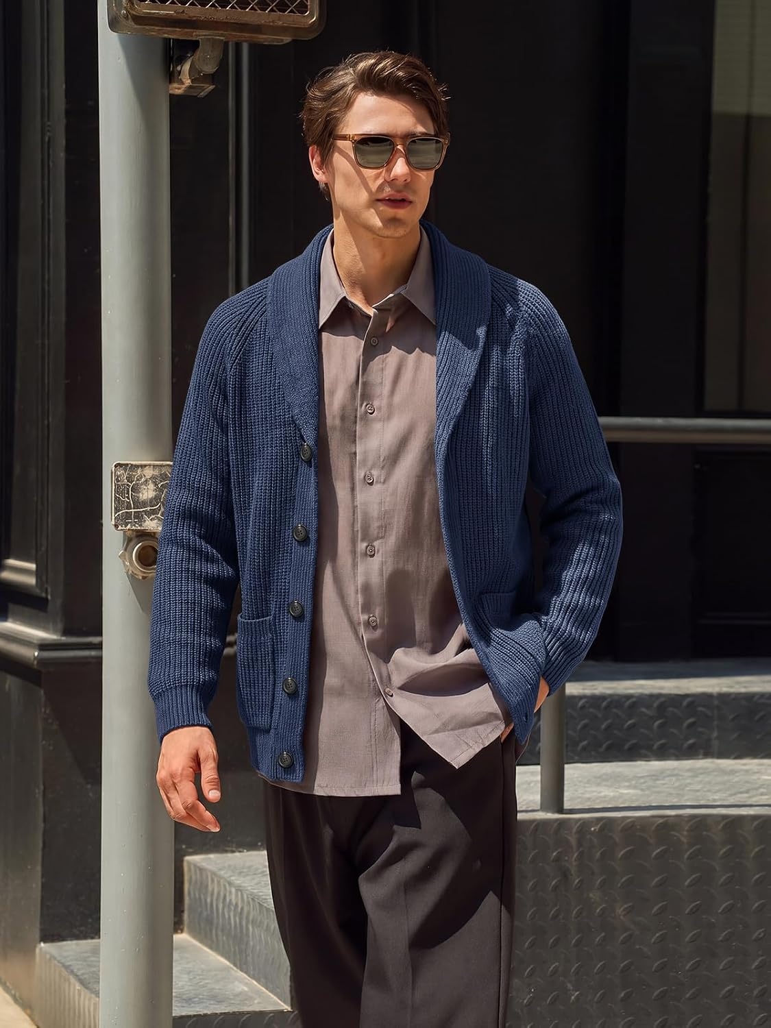 image:imageRuncati Mens Cardigan Sweater Shawl Collar Button Down Casual Knit SweatersNavy