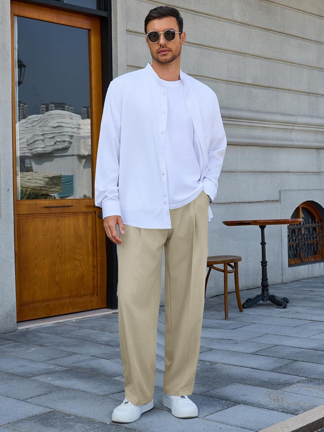 image:imageRuncati Mens Casual Dress Pants Elastic Waist Pleated Baggy Wide Leg SlacksApricot