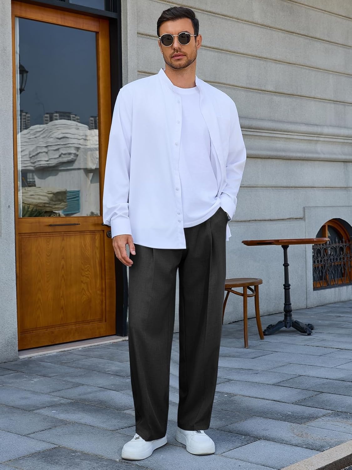 image:imageRuncati Mens Casual Dress Pants Elastic Waist Pleated Baggy Wide Leg SlacksBlack