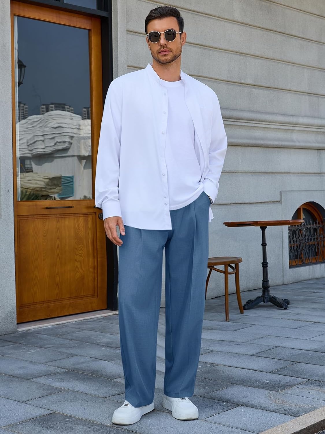 image:imageRuncati Mens Casual Dress Pants Elastic Waist Pleated Baggy Wide Leg SlacksBluish Grey
