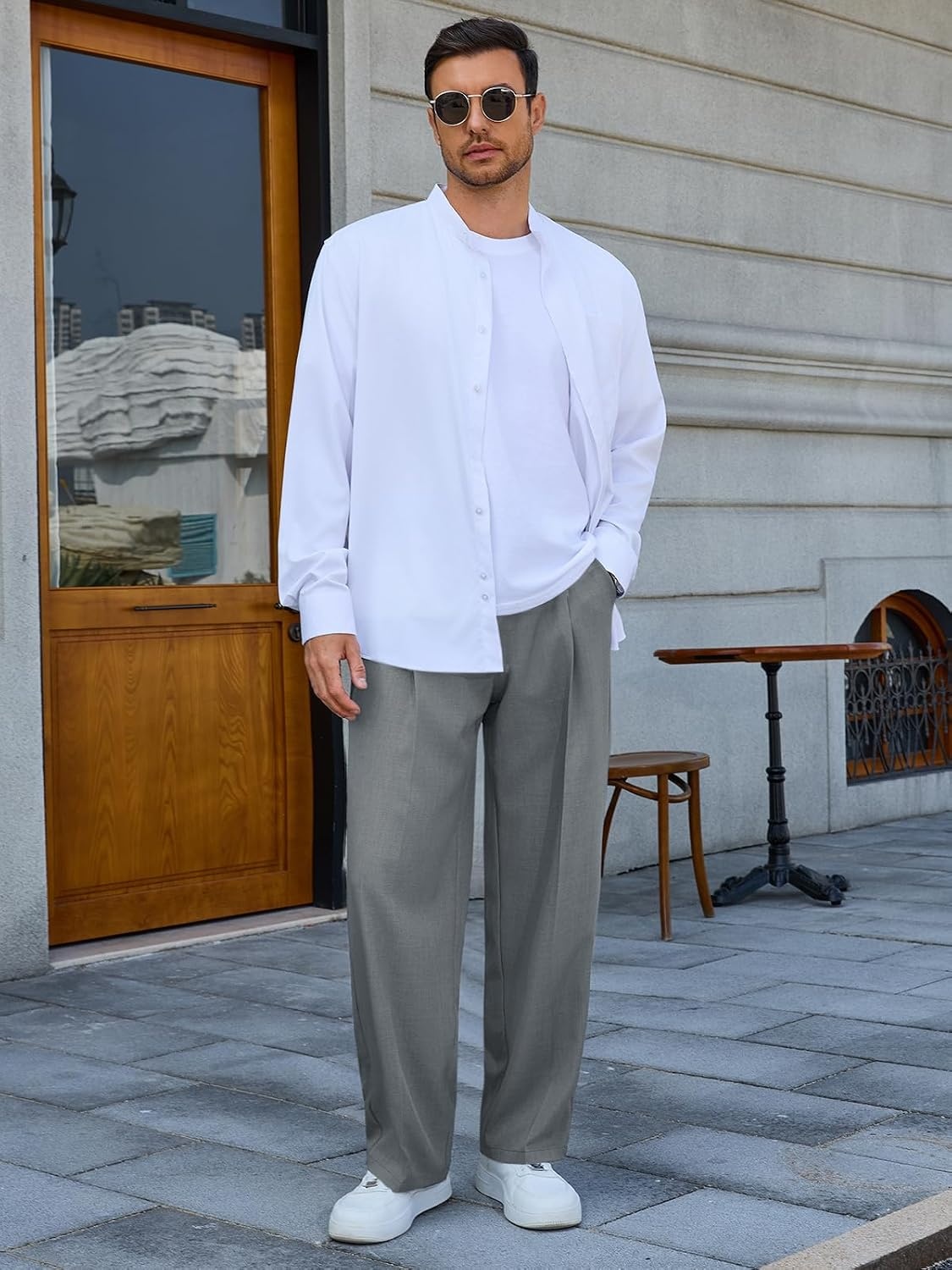 image:imageRuncati Mens Casual Dress Pants Elastic Waist Pleated Baggy Wide Leg SlacksGrey