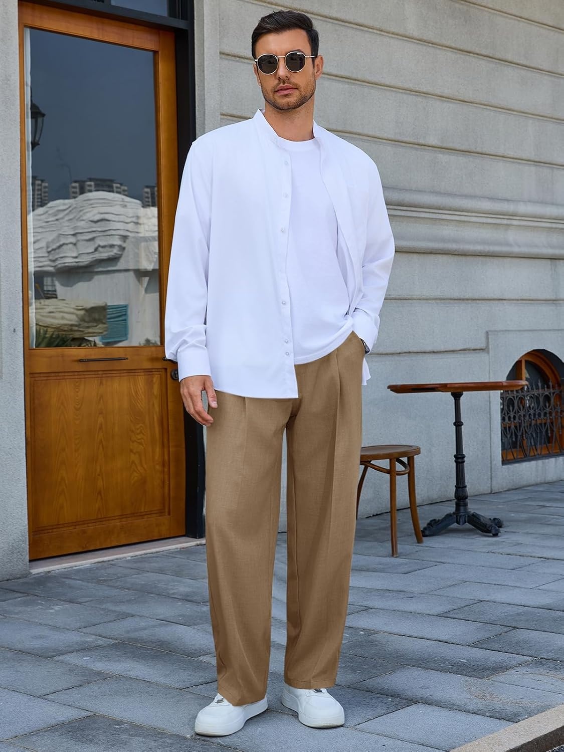 image:imageRuncati Mens Casual Dress Pants Elastic Waist Pleated Baggy Wide Leg SlacksKhaki