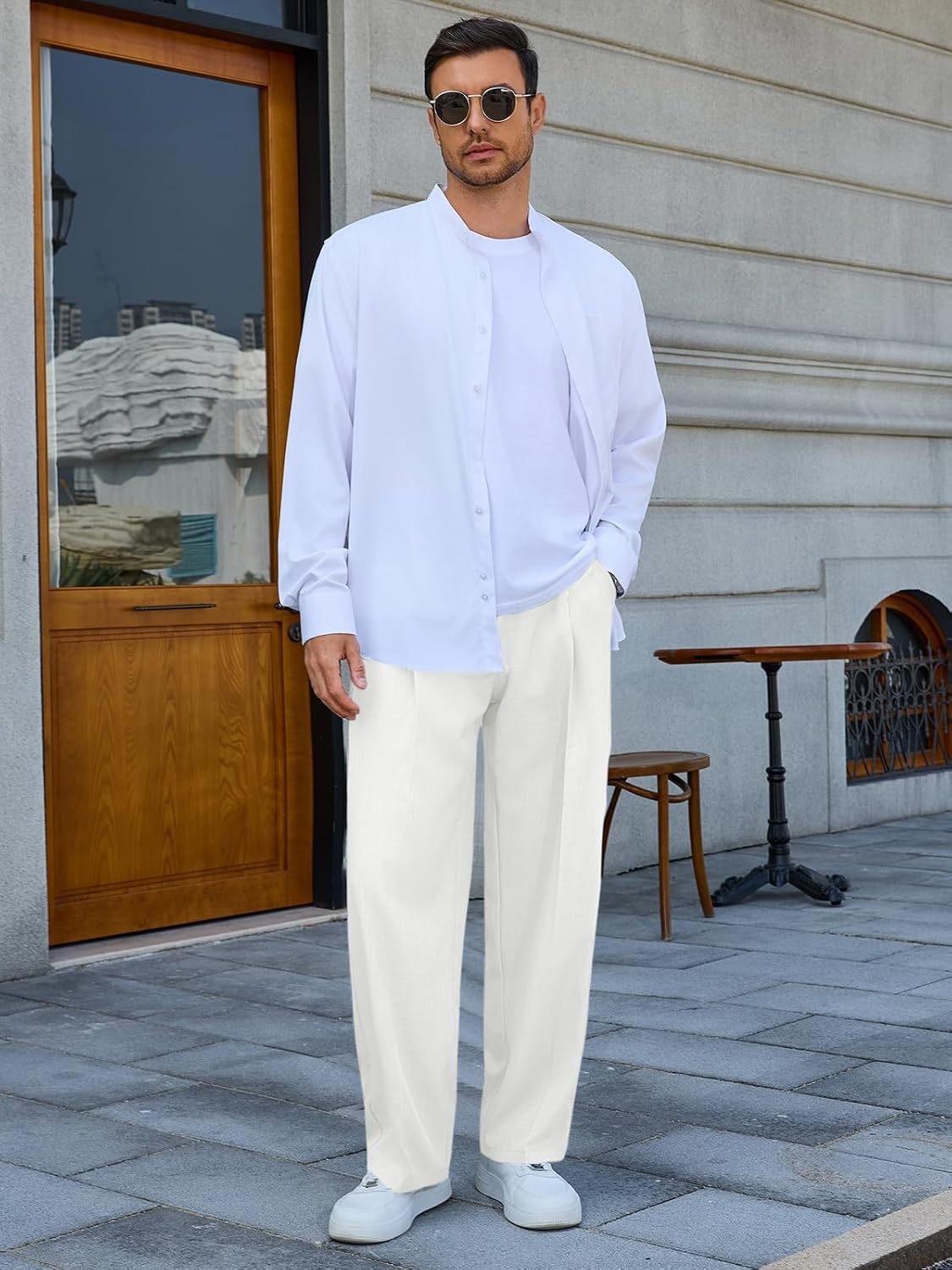 image:imageRuncati Mens Casual Dress Pants Elastic Waist Pleated Baggy Wide Leg SlacksWhite