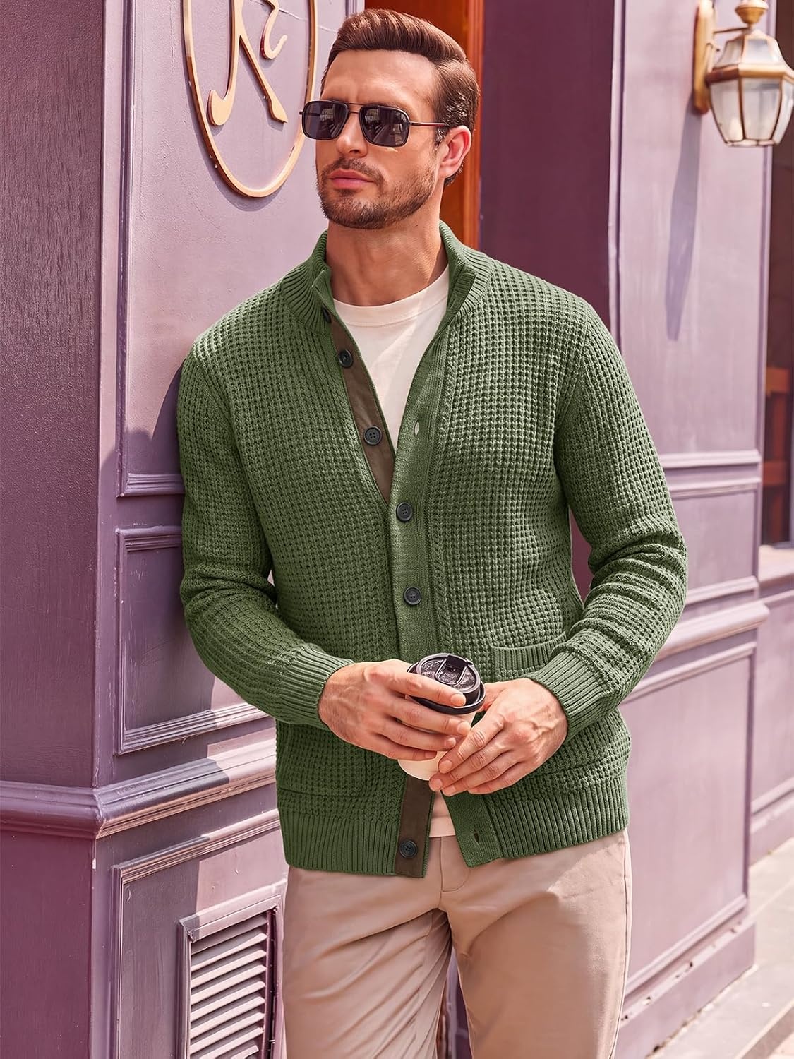 image:imageRuncati Mens Casual Waffle Knit Cardigan Sweater Stand Collar with PocketsArmy Green