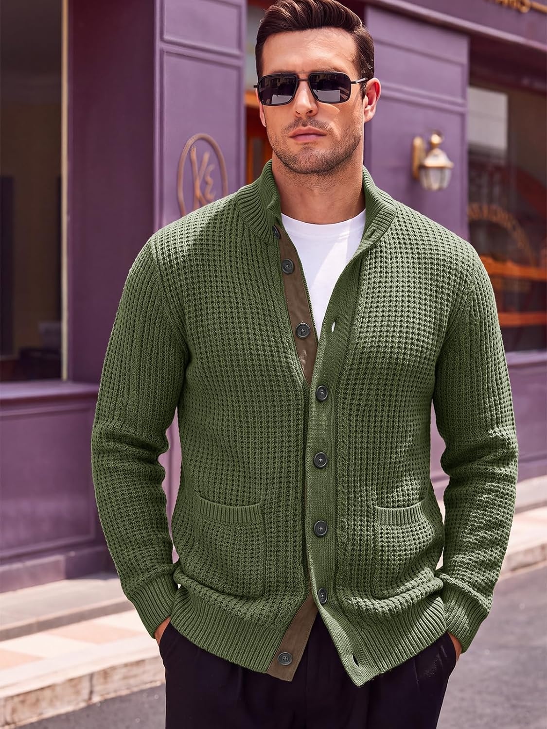 image:imageRuncati Mens Casual Waffle Knit Cardigan Sweater Stand Collar with PocketsArmy Green