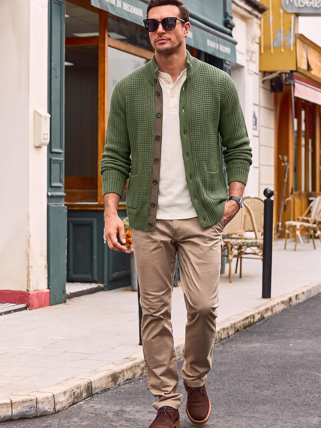 image:imageRuncati Mens Casual Waffle Knit Cardigan Sweater Stand Collar with PocketsArmy Green