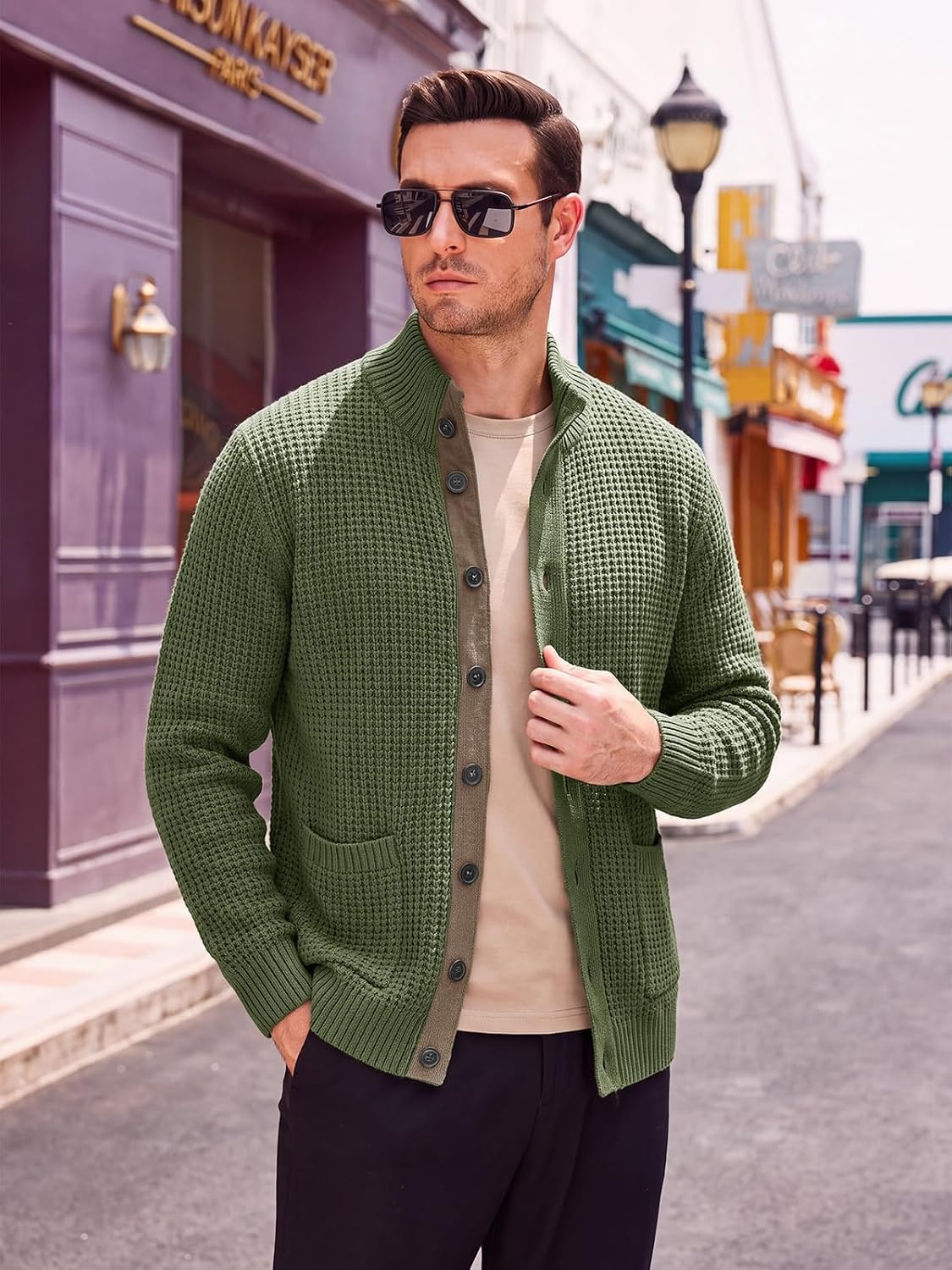 image:imageRuncati Mens Casual Waffle Knit Cardigan Sweater Stand Collar with PocketsArmy Green