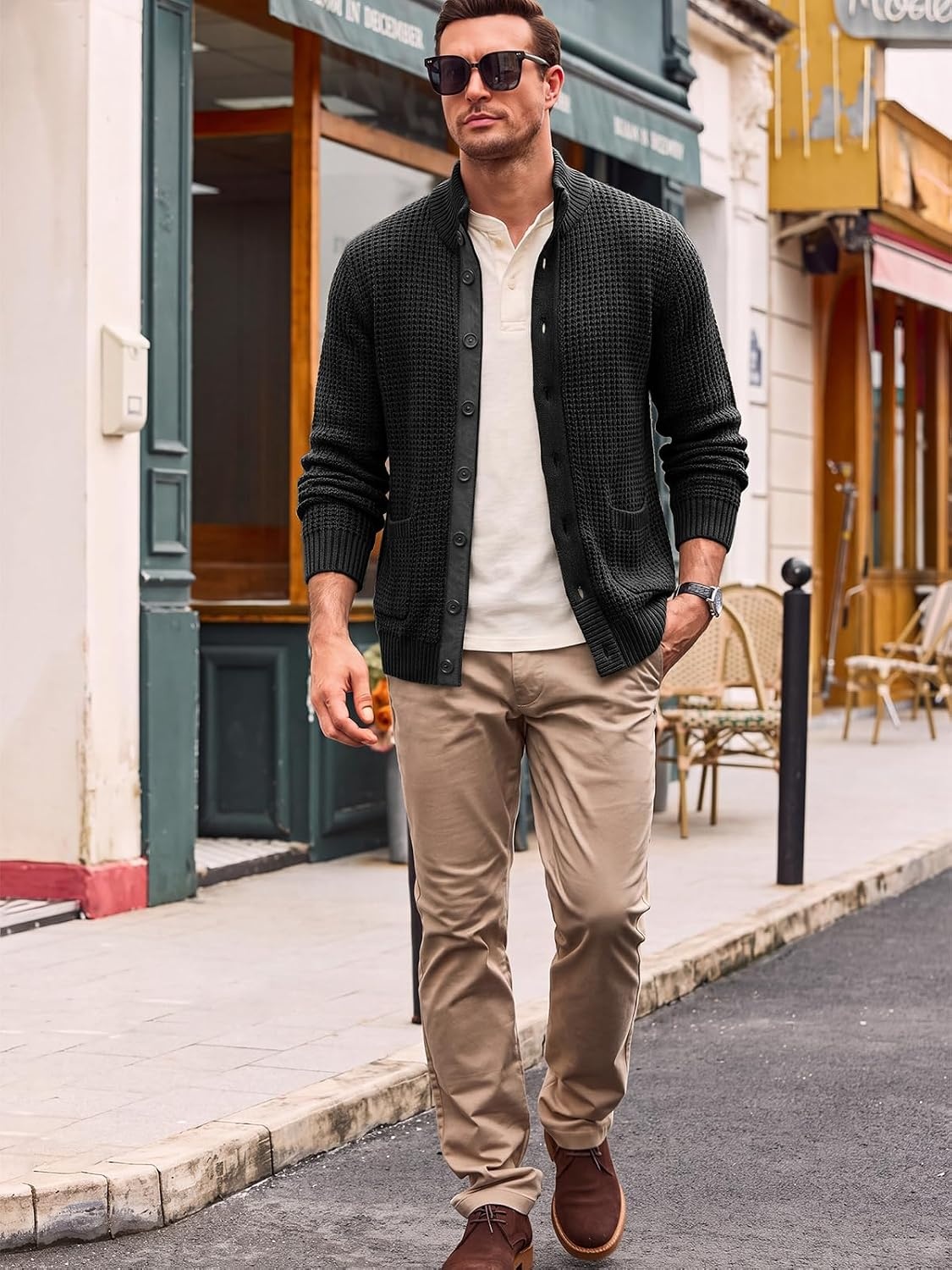 image:imageRuncati Mens Casual Waffle Knit Cardigan Sweater Stand Collar with PocketsBlack