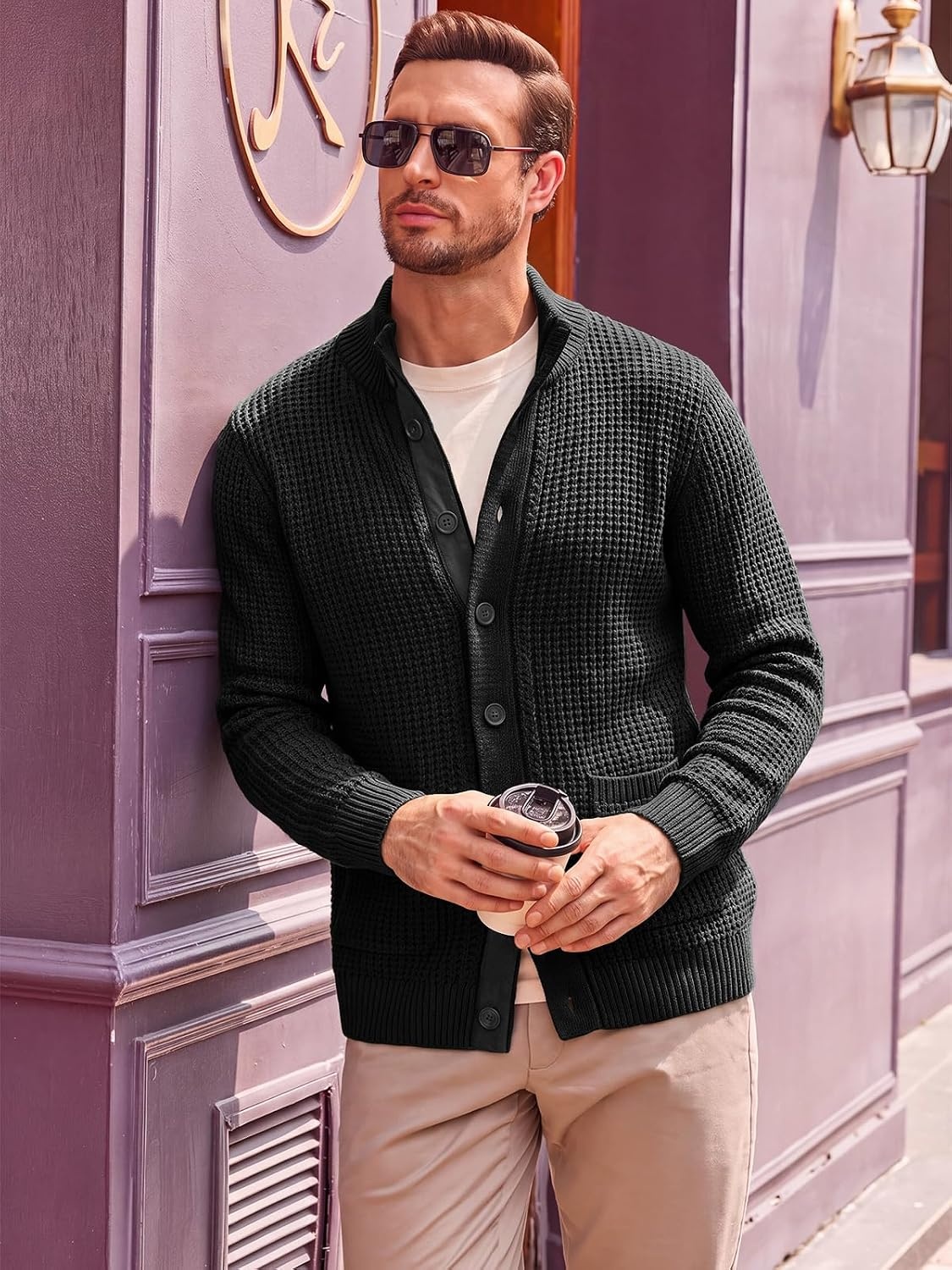 image:imageRuncati Mens Casual Waffle Knit Cardigan Sweater Stand Collar with PocketsBlack