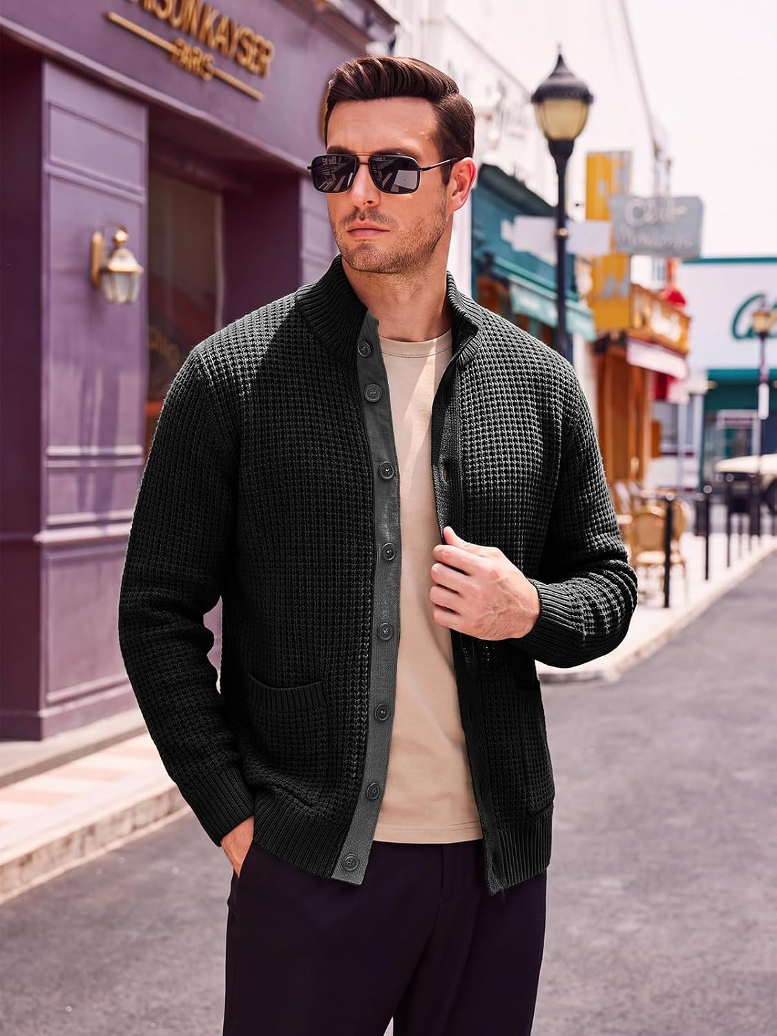 image:imageRuncati Mens Casual Waffle Knit Cardigan Sweater Stand Collar with PocketsBlack