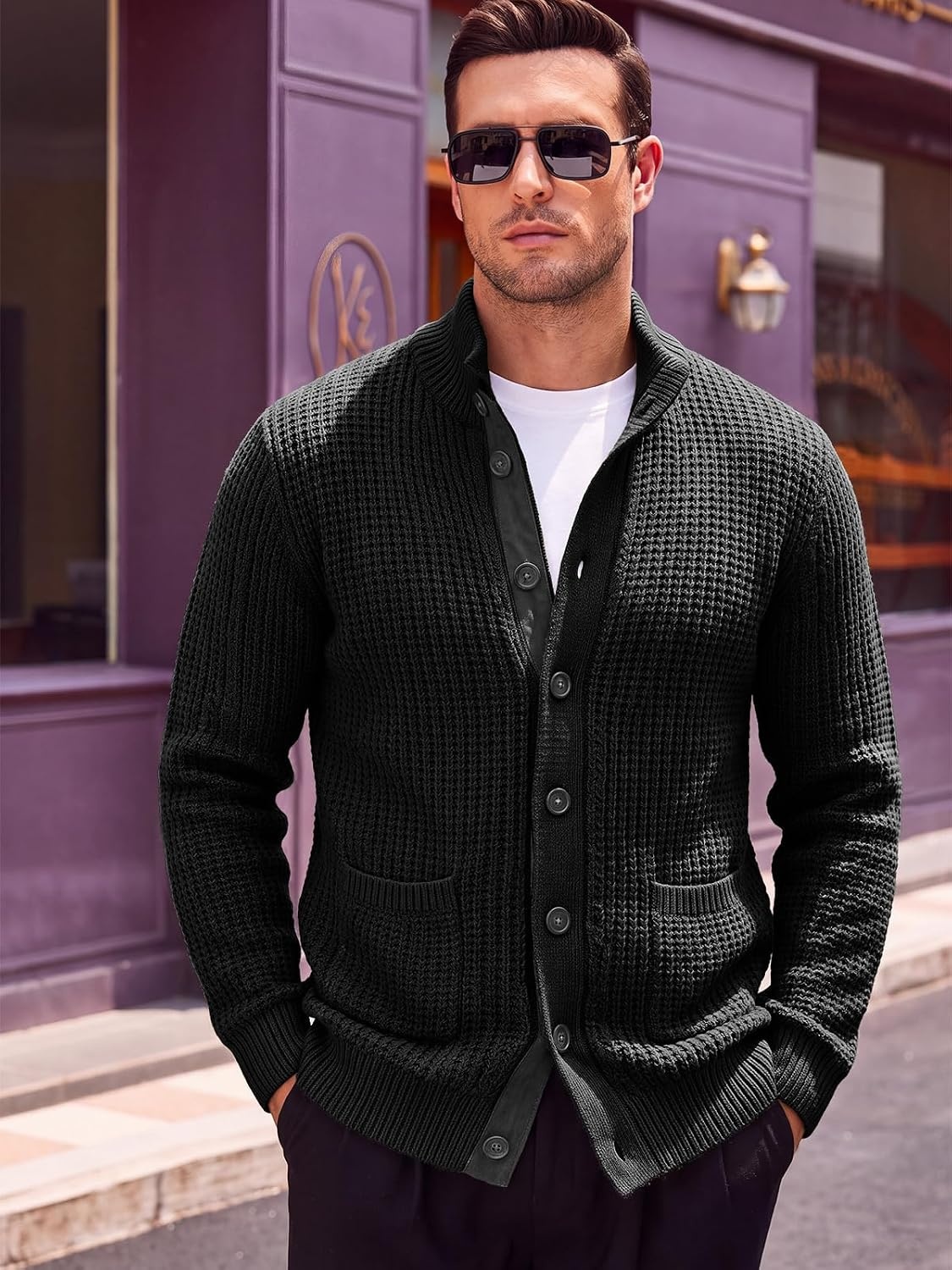 image:imageRuncati Mens Casual Waffle Knit Cardigan Sweater Stand Collar with PocketsBlack