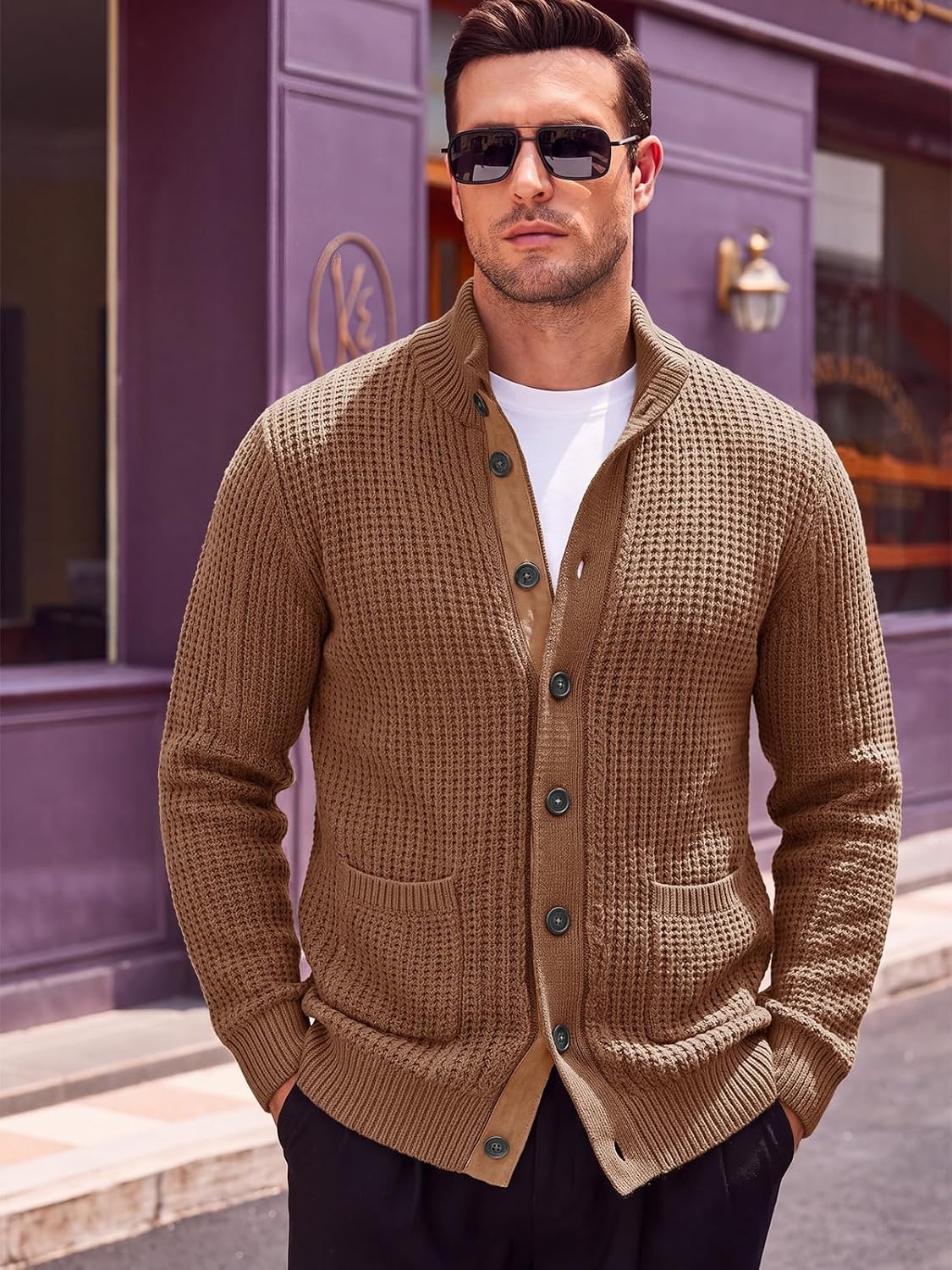 image:imageRuncati Mens Casual Waffle Knit Cardigan Sweater Stand Collar with PocketsBrown