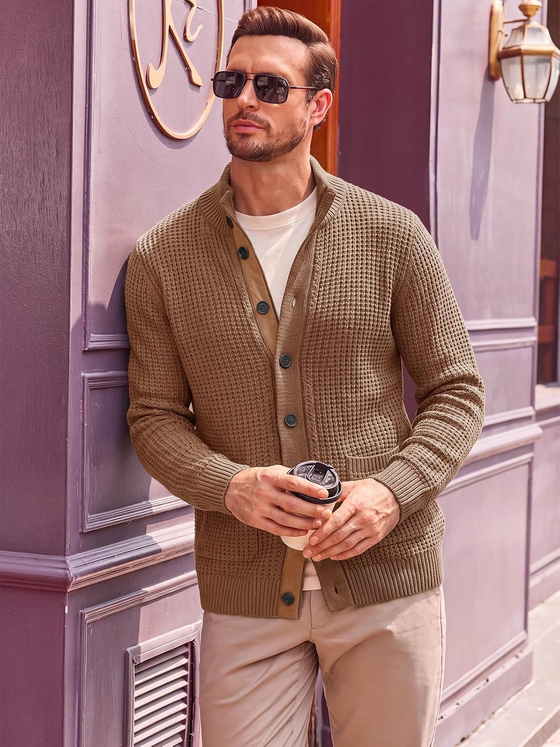 image:imageRuncati Mens Casual Waffle Knit Cardigan Sweater Stand Collar with PocketsBrown