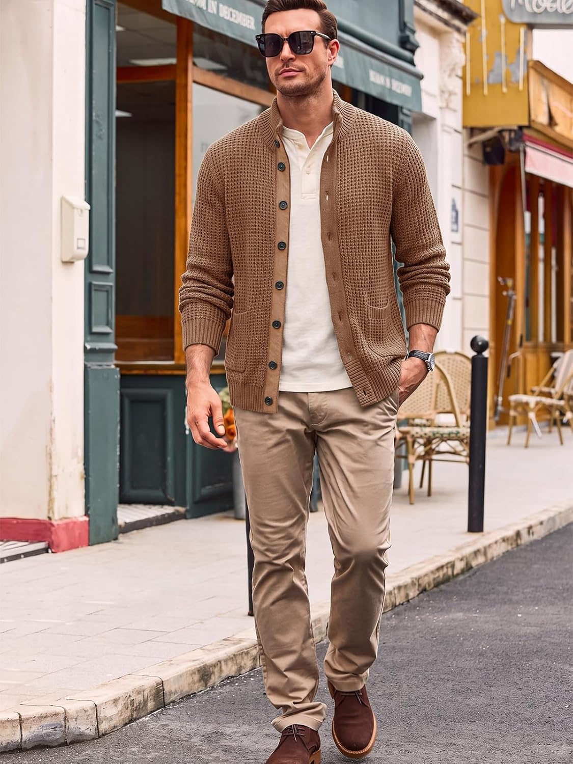 image:imageRuncati Mens Casual Waffle Knit Cardigan Sweater Stand Collar with PocketsBrown
