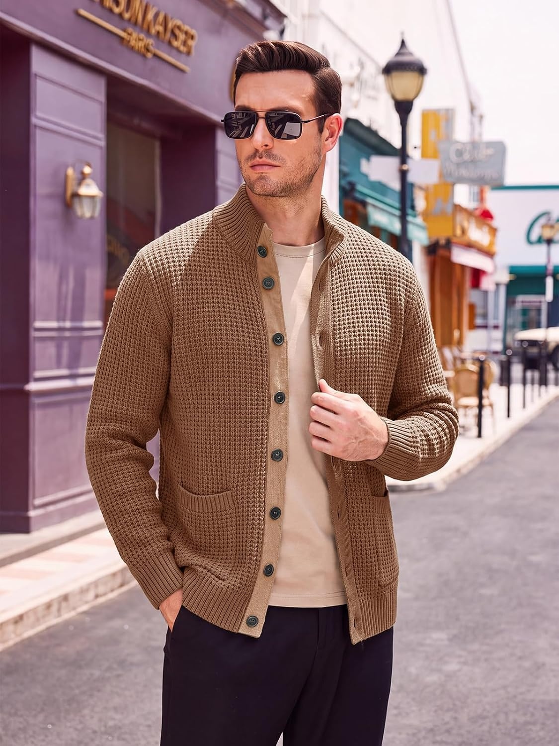 image:imageRuncati Mens Casual Waffle Knit Cardigan Sweater Stand Collar with PocketsBrown