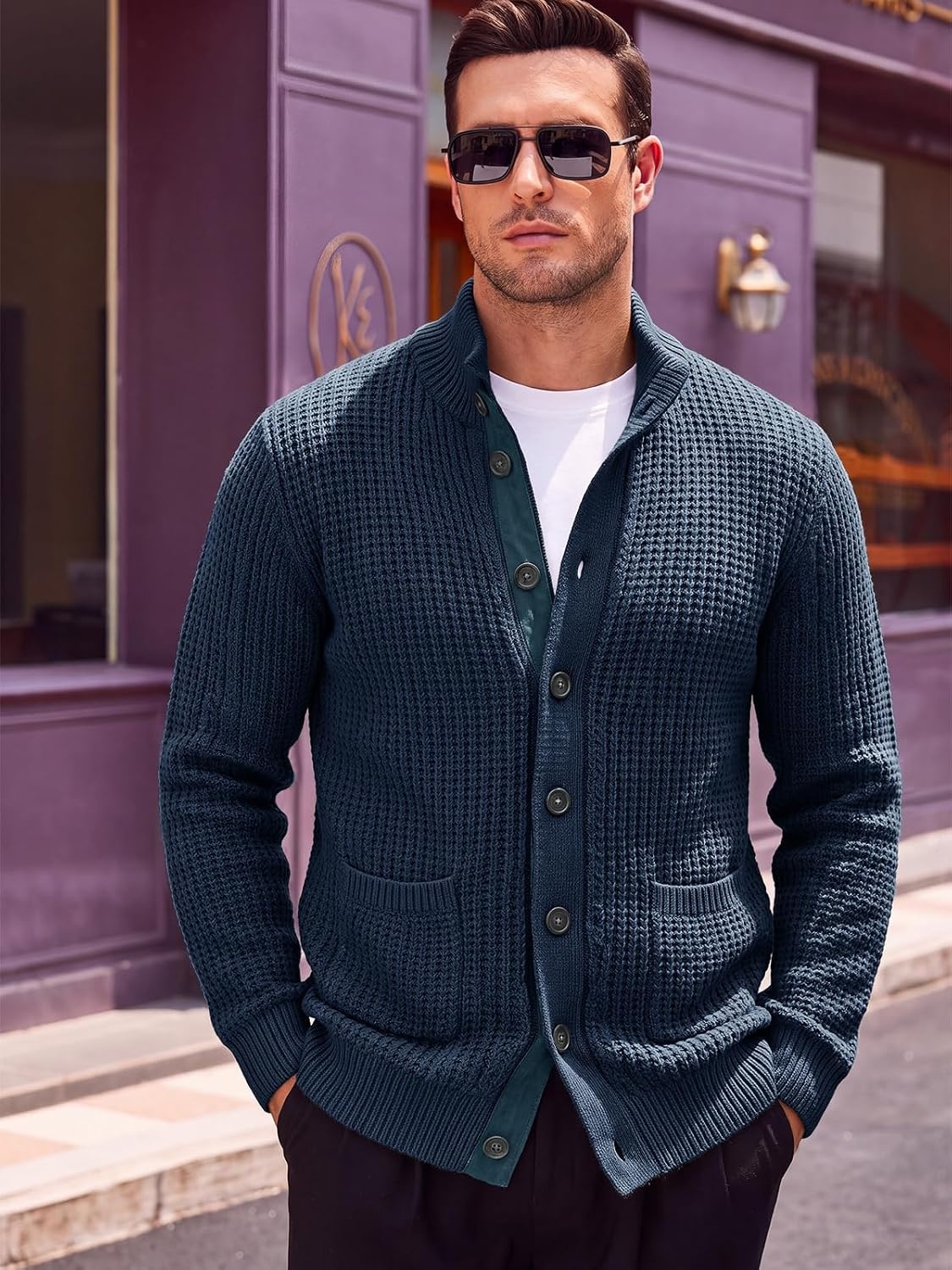 image:imageRuncati Mens Casual Waffle Knit Cardigan Sweater Stand Collar with PocketsDark Blue