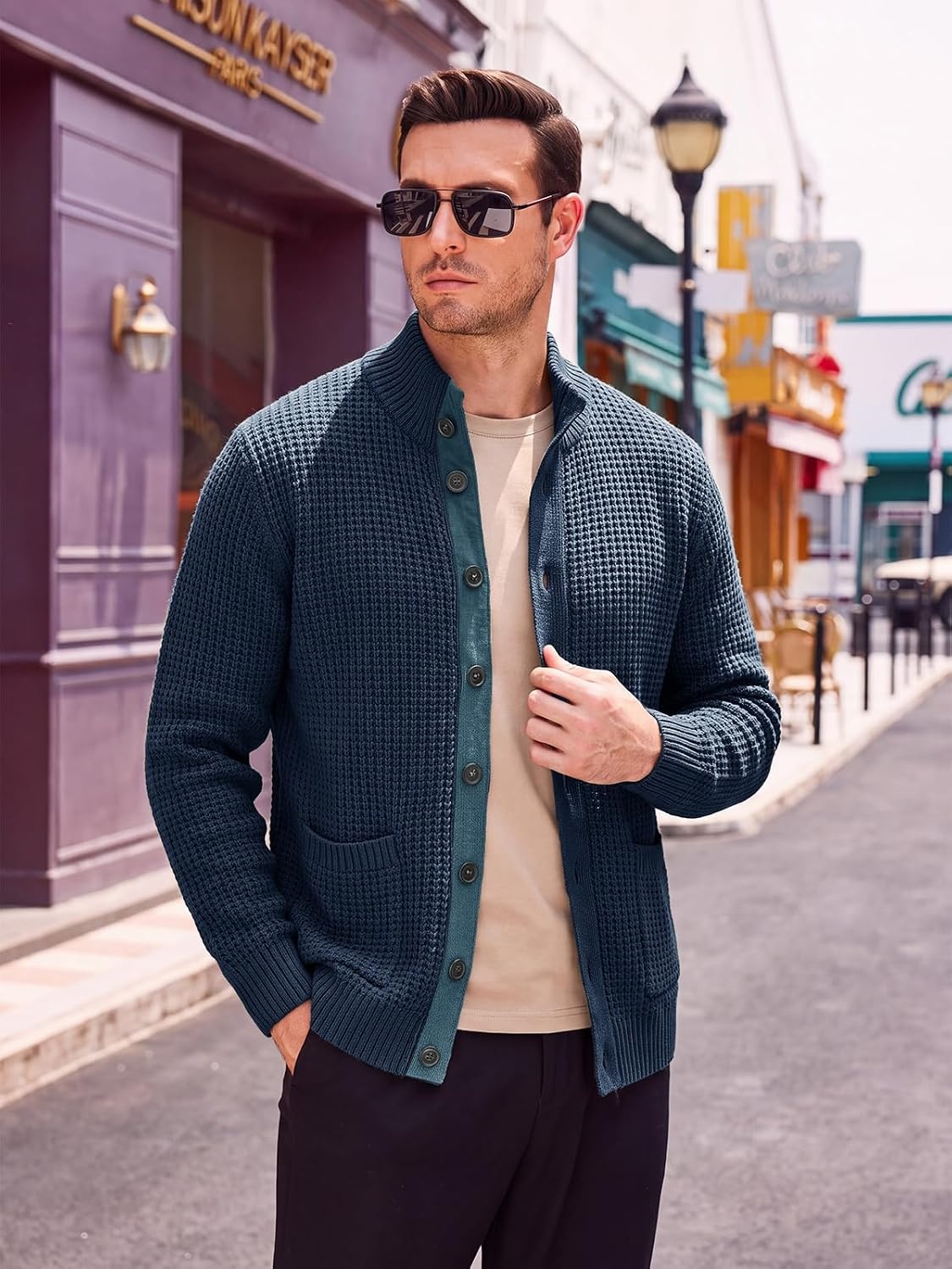 image:imageRuncati Mens Casual Waffle Knit Cardigan Sweater Stand Collar with PocketsDark Blue