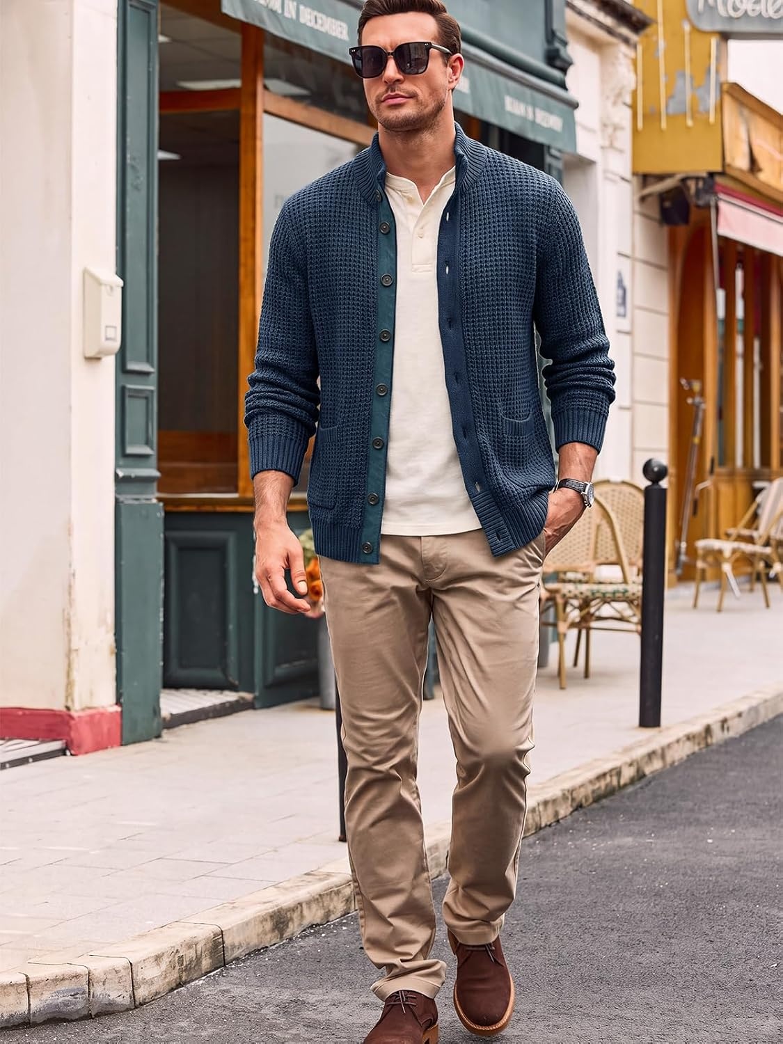 image:imageRuncati Mens Casual Waffle Knit Cardigan Sweater Stand Collar with PocketsDark Blue