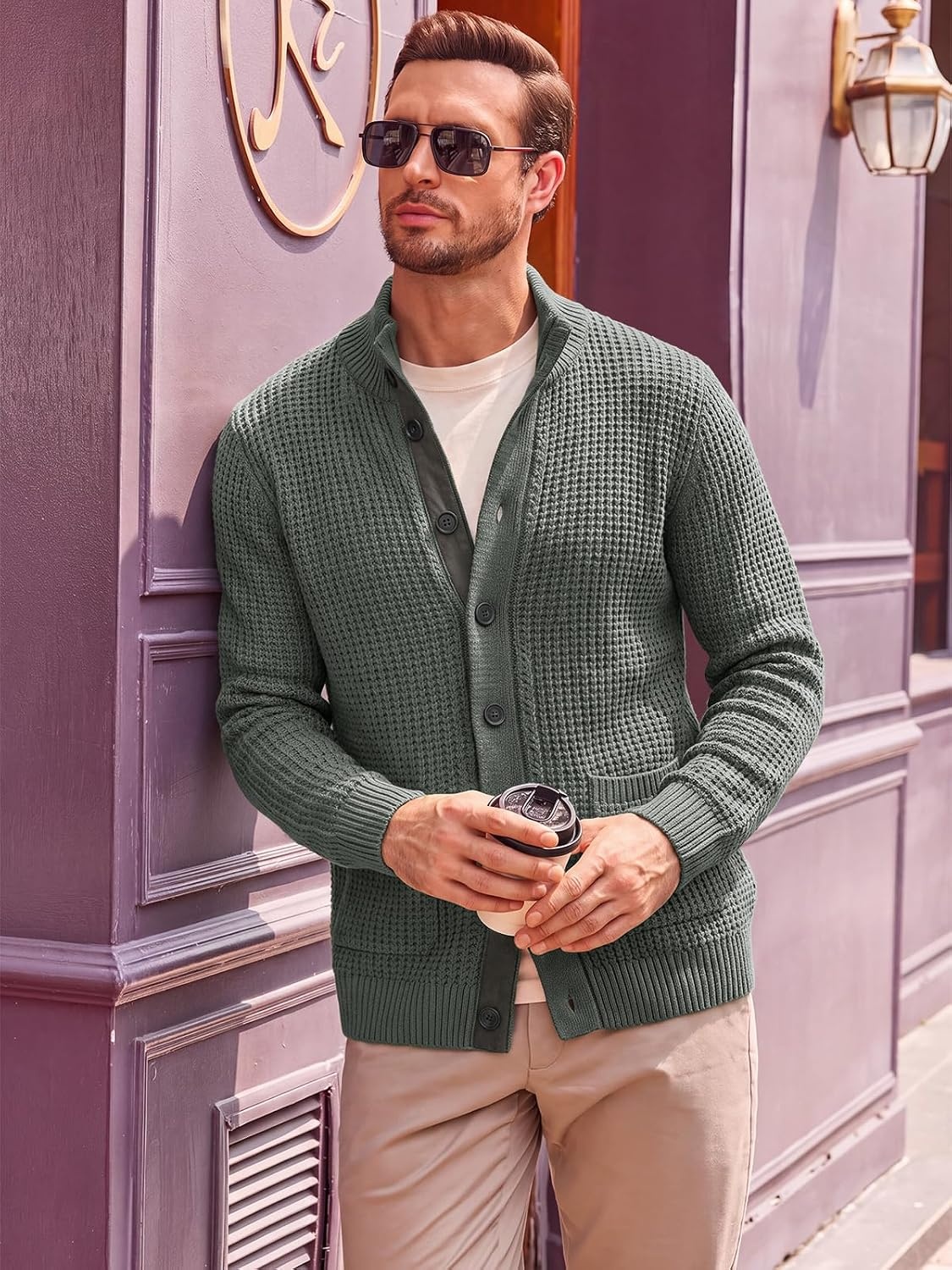 image:imageRuncati Mens Casual Waffle Knit Cardigan Sweater Stand Collar with PocketsDark Grey