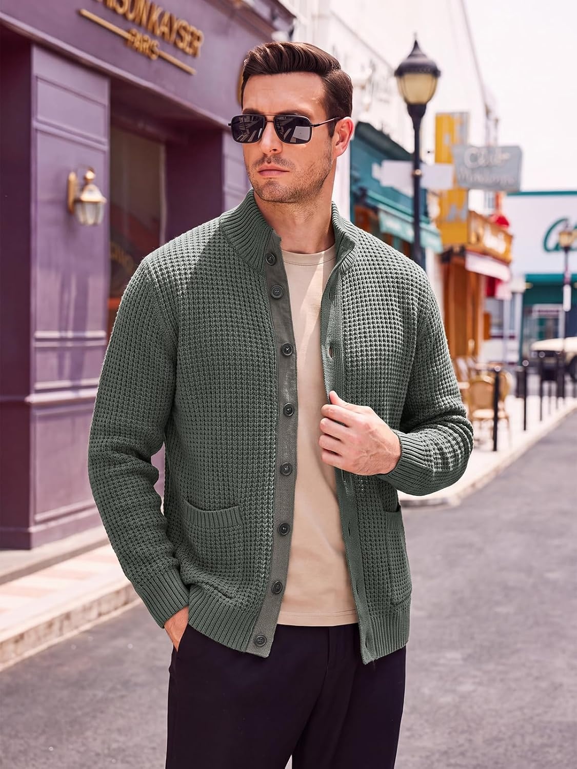 image:imageRuncati Mens Casual Waffle Knit Cardigan Sweater Stand Collar with PocketsDark Grey