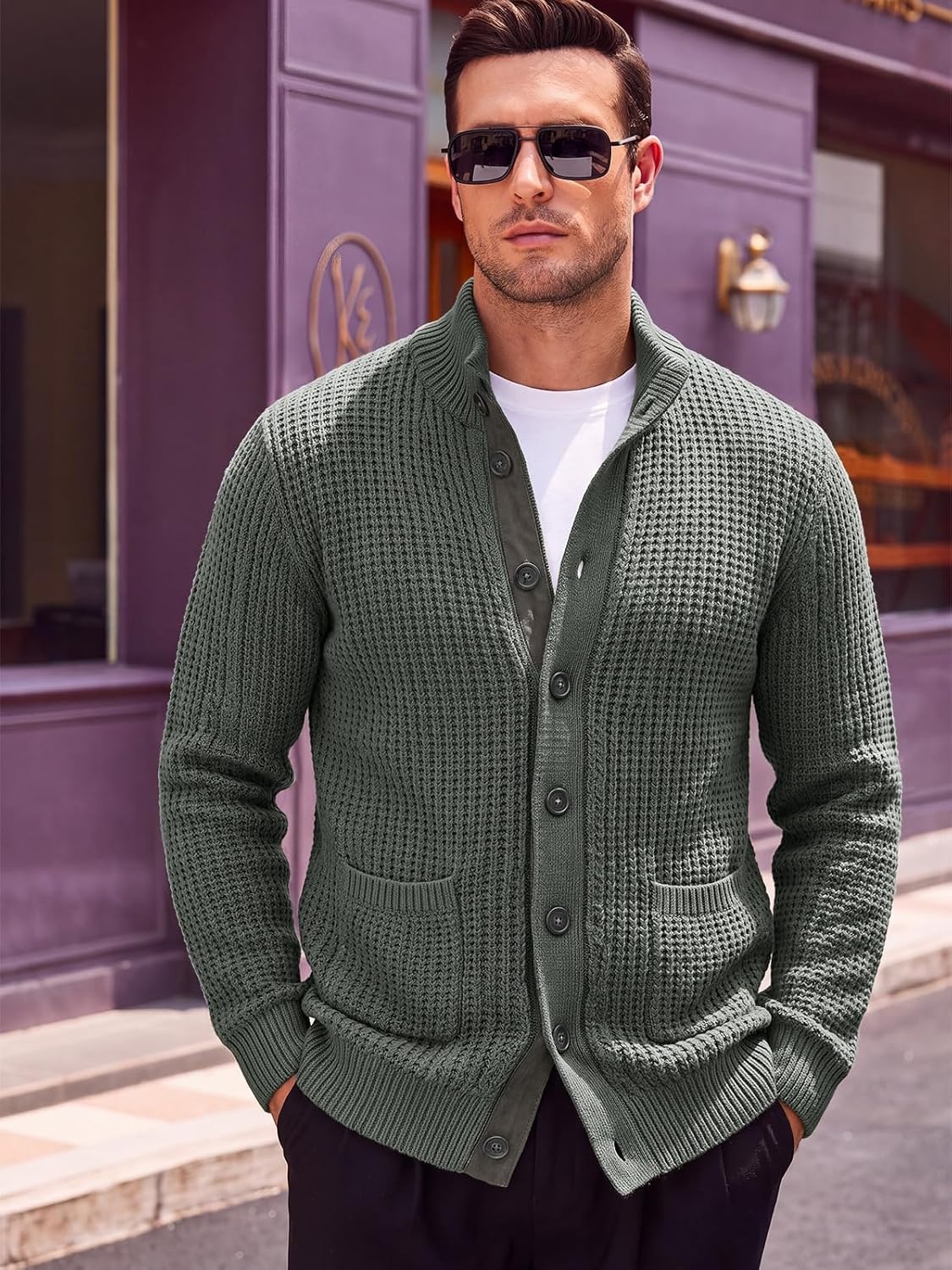 image:imageRuncati Mens Casual Waffle Knit Cardigan Sweater Stand Collar with PocketsDark Grey