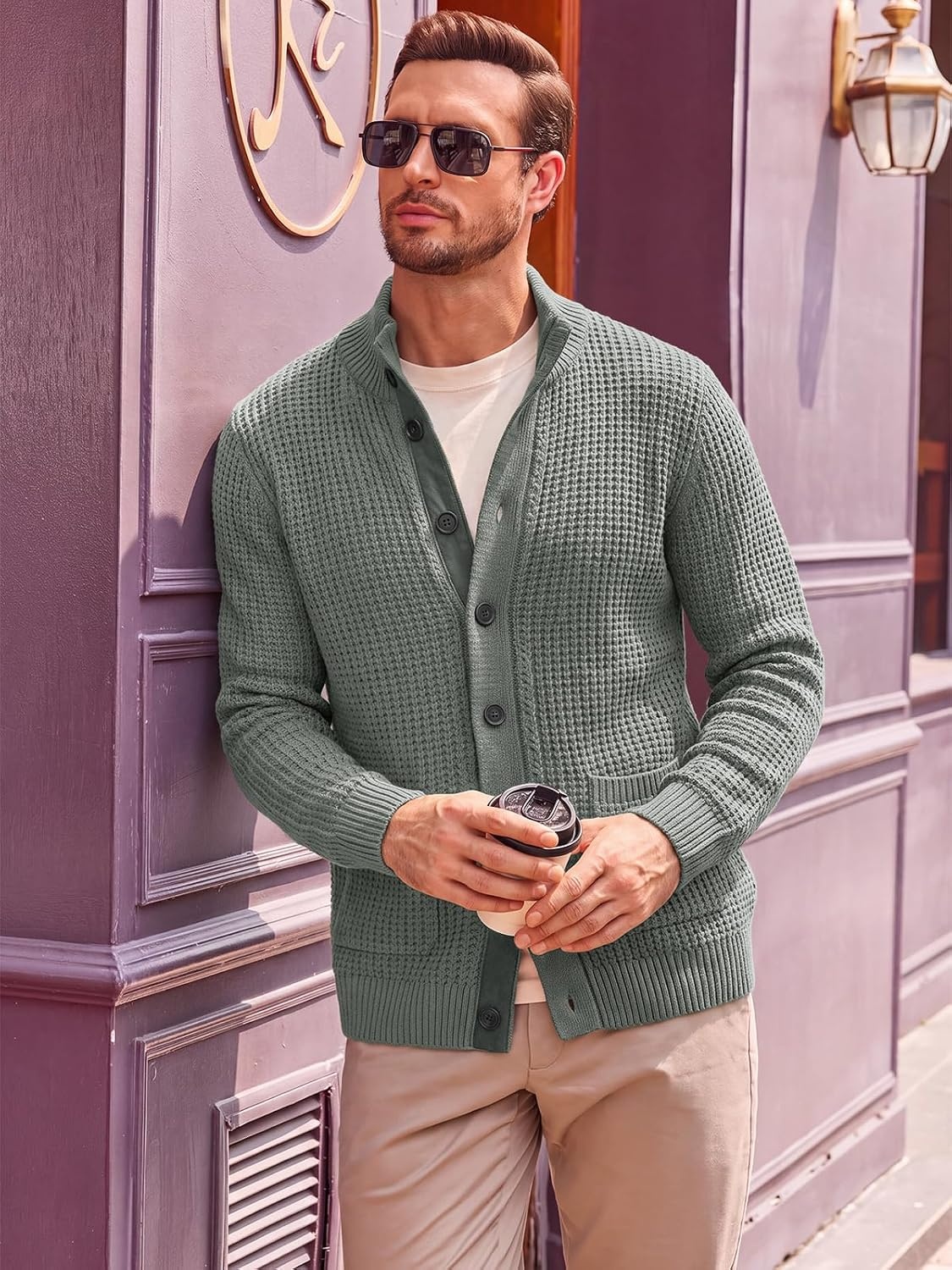 image:imageRuncati Mens Casual Waffle Knit Cardigan Sweater Stand Collar with PocketsGrey