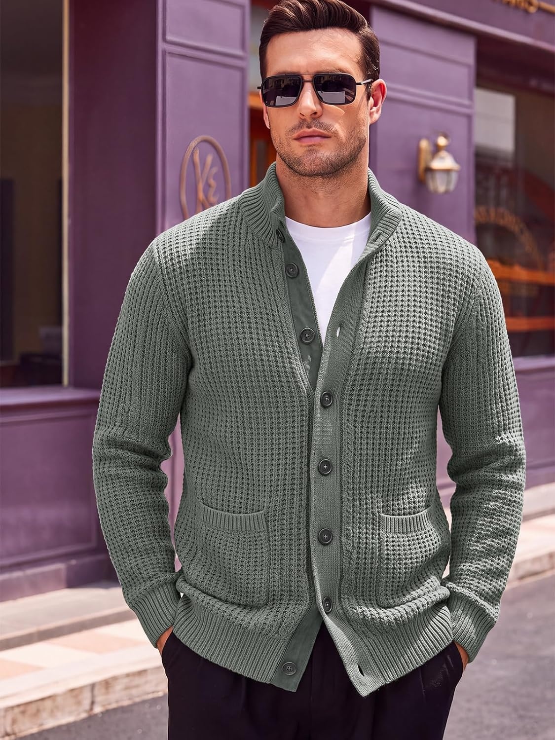 image:imageRuncati Mens Casual Waffle Knit Cardigan Sweater Stand Collar with PocketsGrey