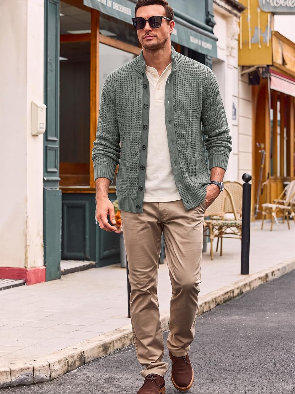 image:imageRuncati Mens Casual Waffle Knit Cardigan Sweater Stand Collar with PocketsGrey