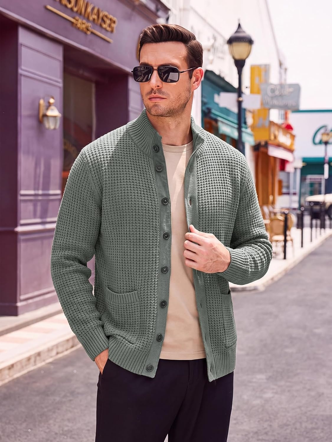 image:imageRuncati Mens Casual Waffle Knit Cardigan Sweater Stand Collar with PocketsGrey