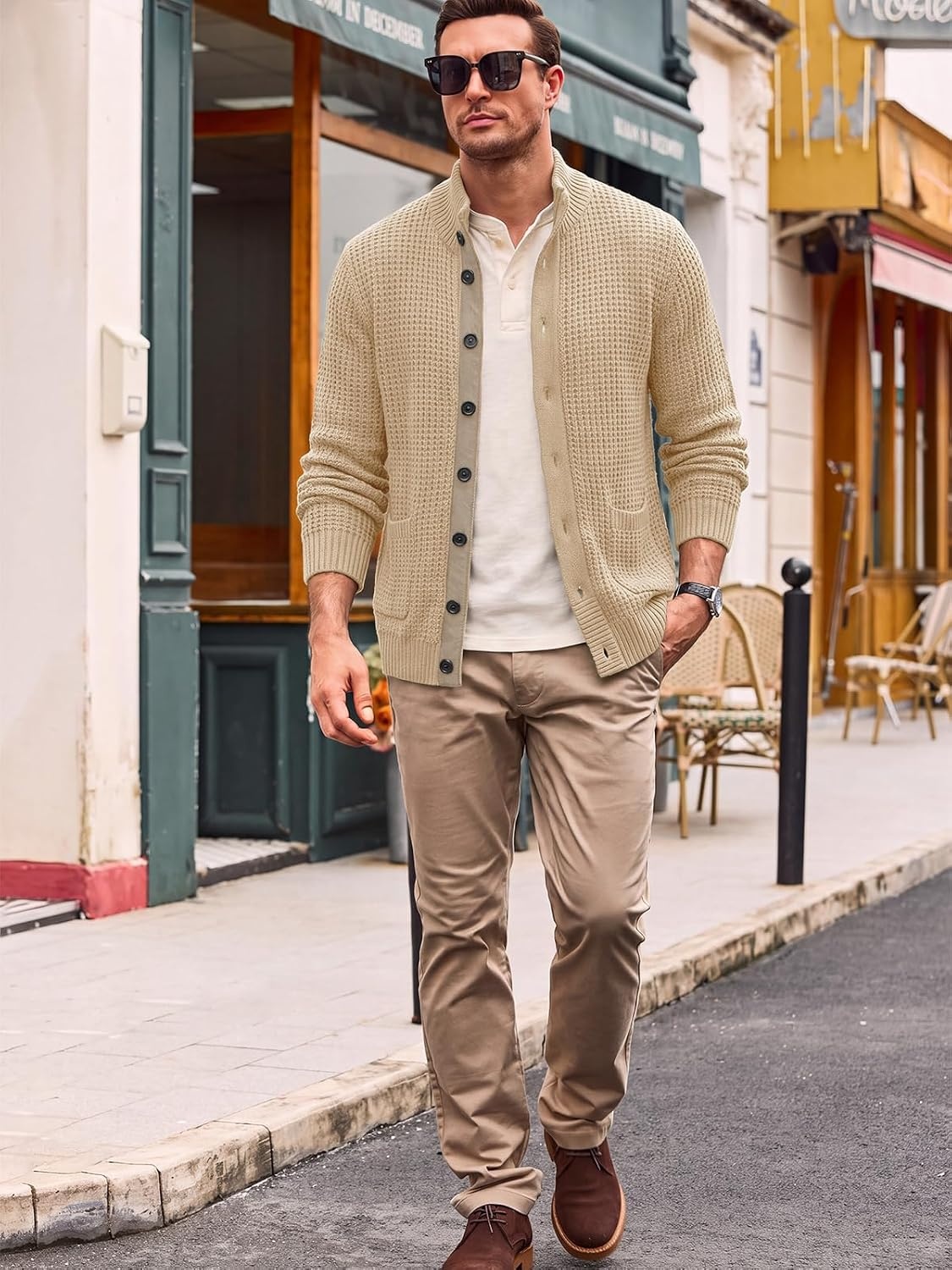 image:imageRuncati Mens Casual Waffle Knit Cardigan Sweater Stand Collar with PocketsLight Khaki
