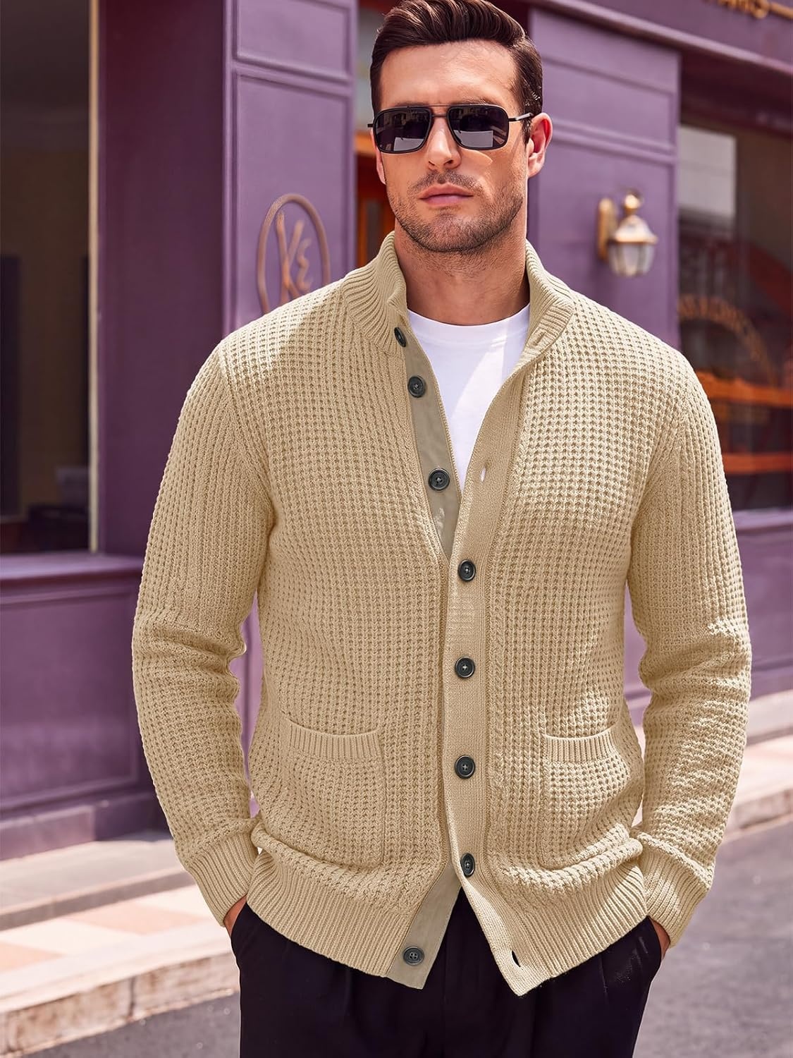 image:imageRuncati Mens Casual Waffle Knit Cardigan Sweater Stand Collar with PocketsLight Khaki