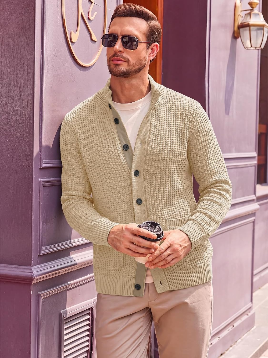 image:imageRuncati Mens Casual Waffle Knit Cardigan Sweater Stand Collar with PocketsLight Khaki