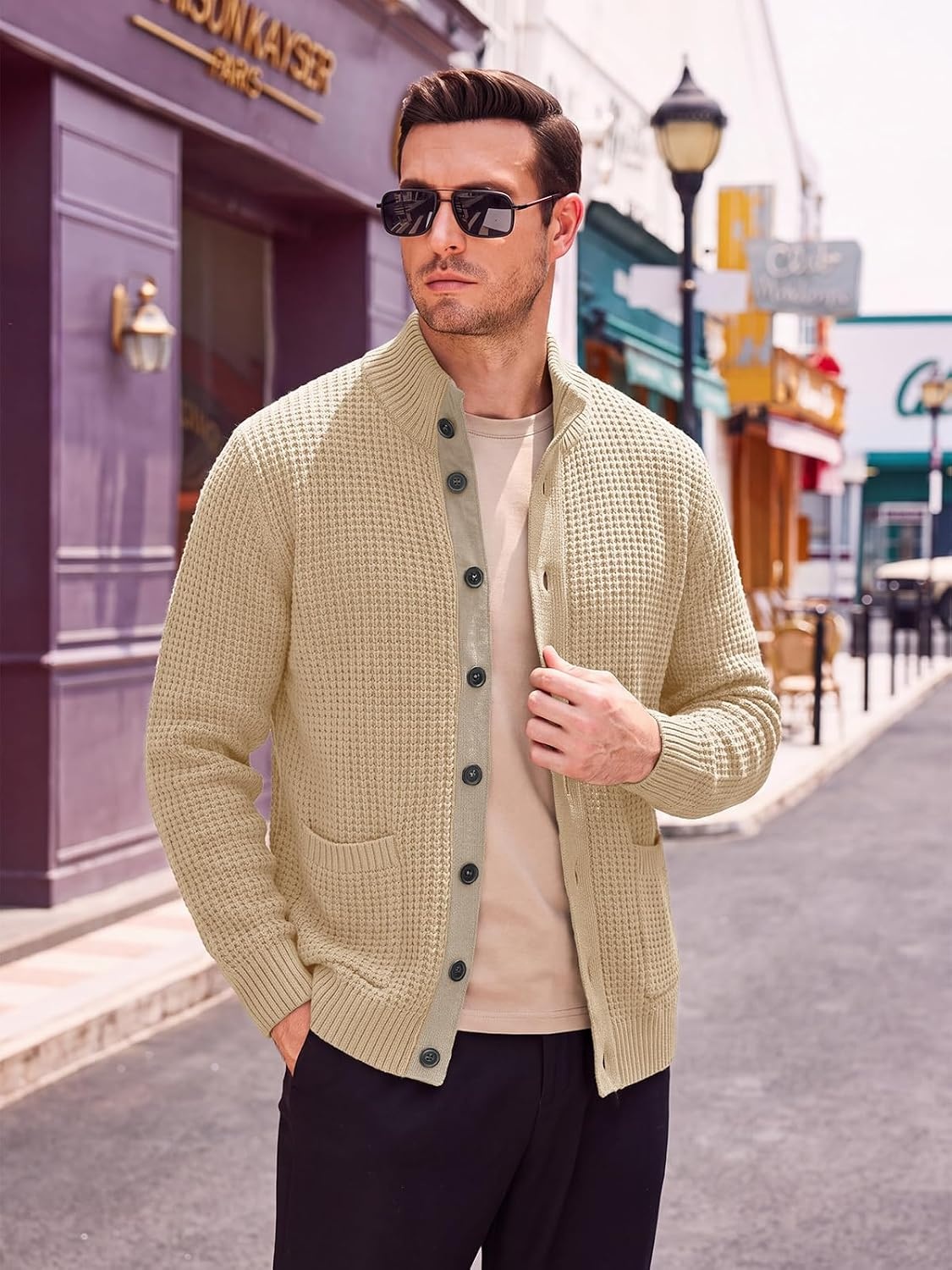 image:imageRuncati Mens Casual Waffle Knit Cardigan Sweater Stand Collar with PocketsLight Khaki