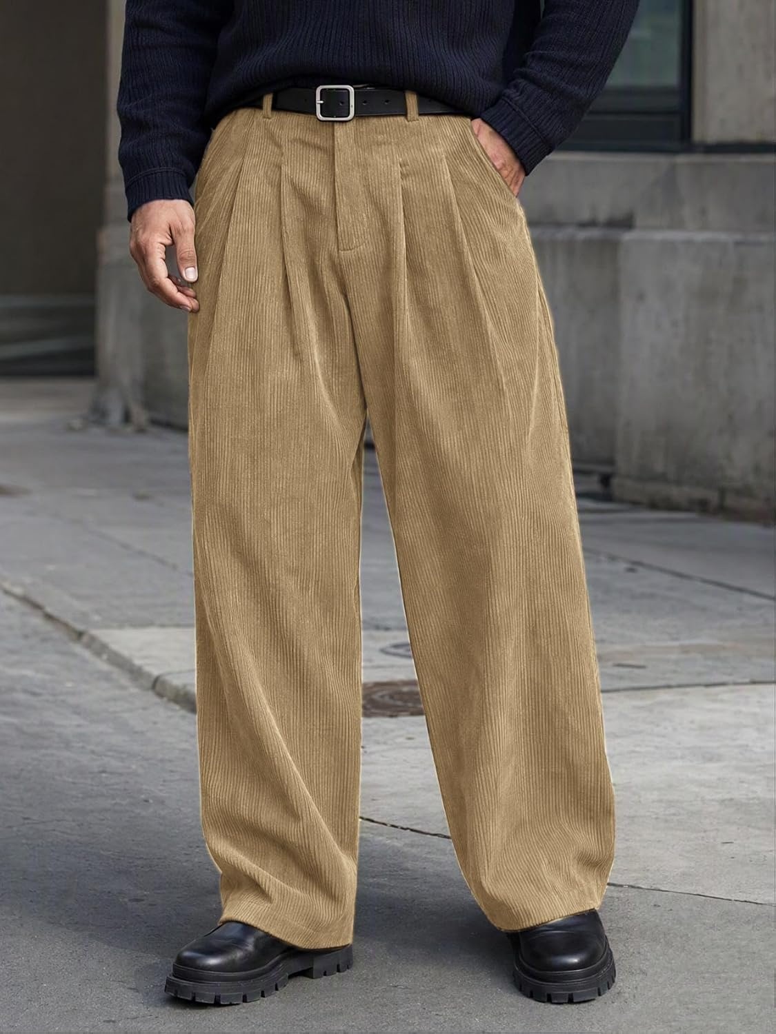 image:imageRuncati Mens Corduroy Baggy Pants Wide Leg Casual Fall Winter SlacksApricot