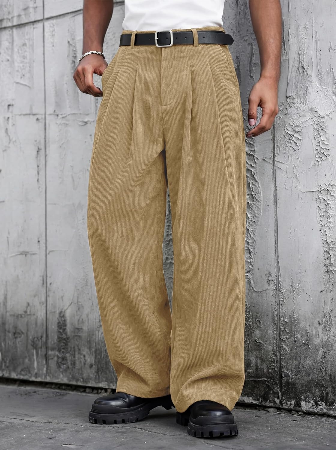 image:imageRuncati Mens Corduroy Baggy Pants Wide Leg Casual Fall Winter SlacksApricot