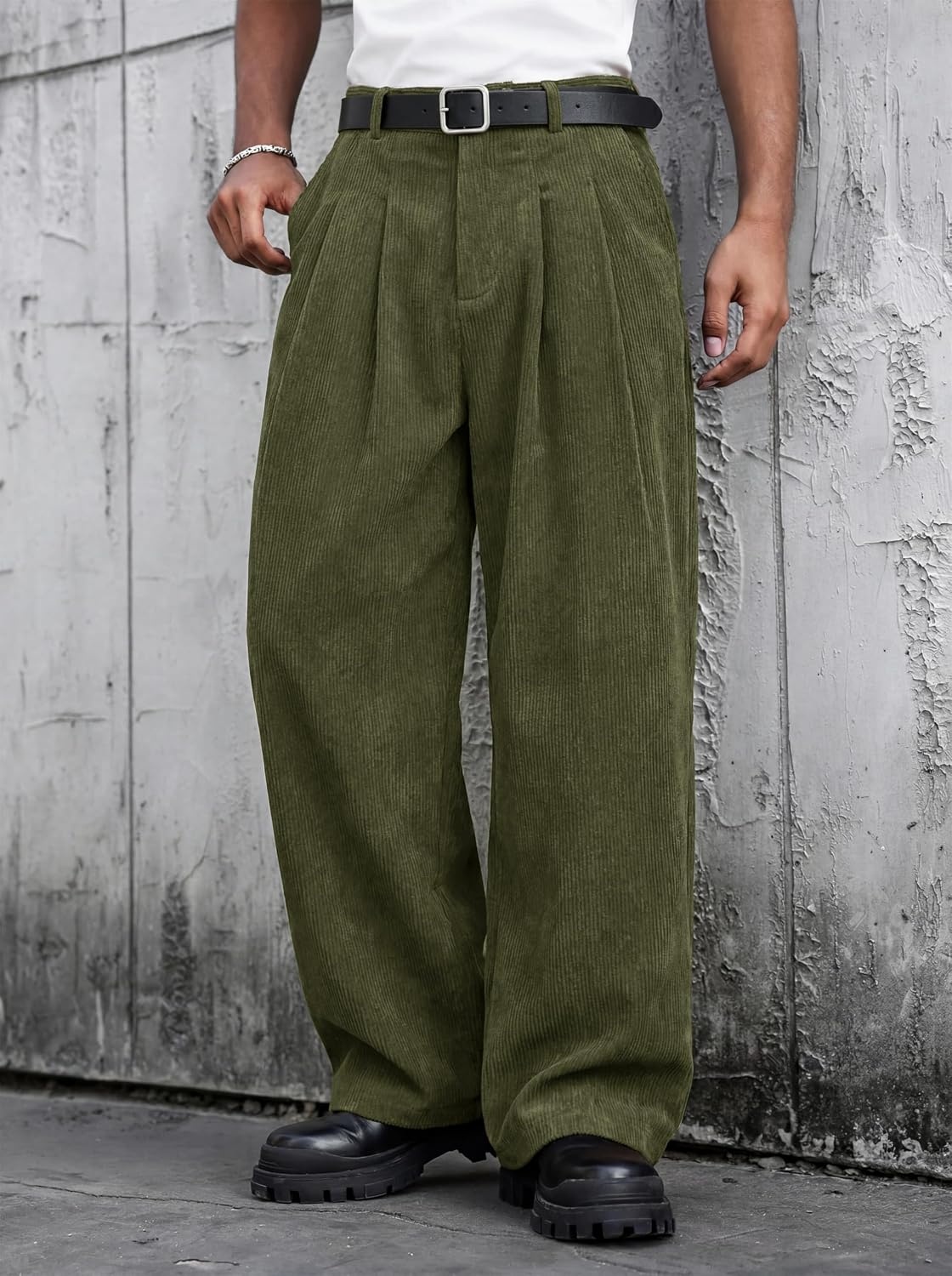 image:imageRuncati Mens Corduroy Baggy Pants Wide Leg Casual Fall Winter SlacksArmy Green