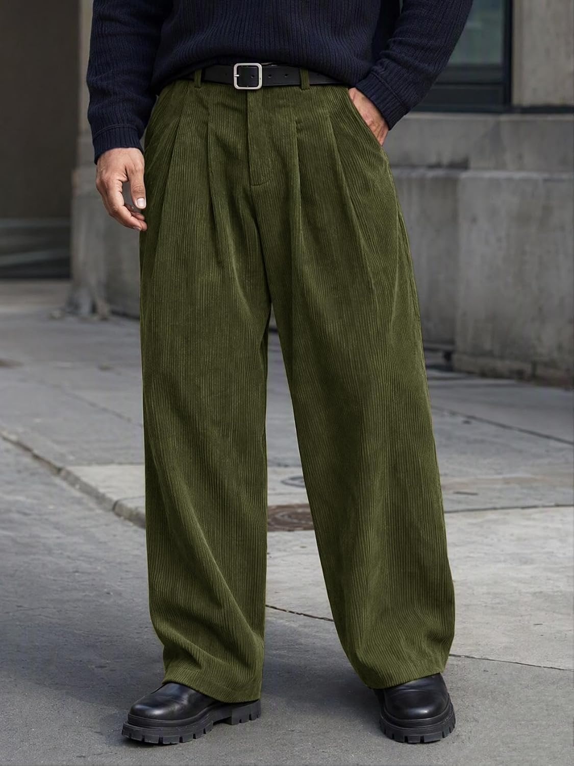 image:imageRuncati Mens Corduroy Baggy Pants Wide Leg Casual Fall Winter SlacksArmy Green