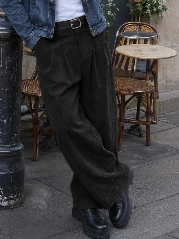 image:imageRuncati Mens Corduroy Baggy Pants Wide Leg Casual Fall Winter SlacksBlack