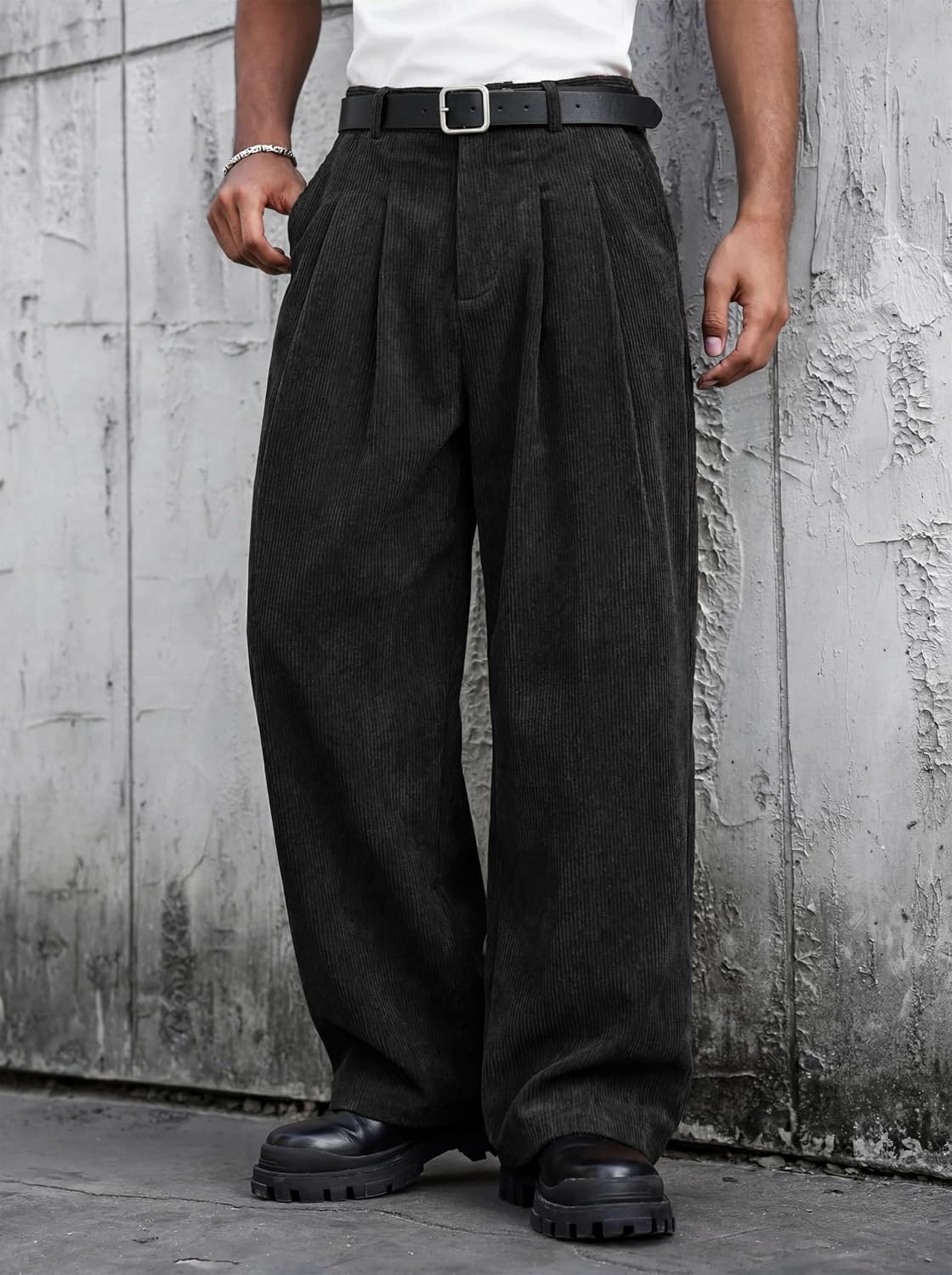 image:imageRuncati Mens Corduroy Baggy Pants Wide Leg Casual Fall Winter SlacksBlack
