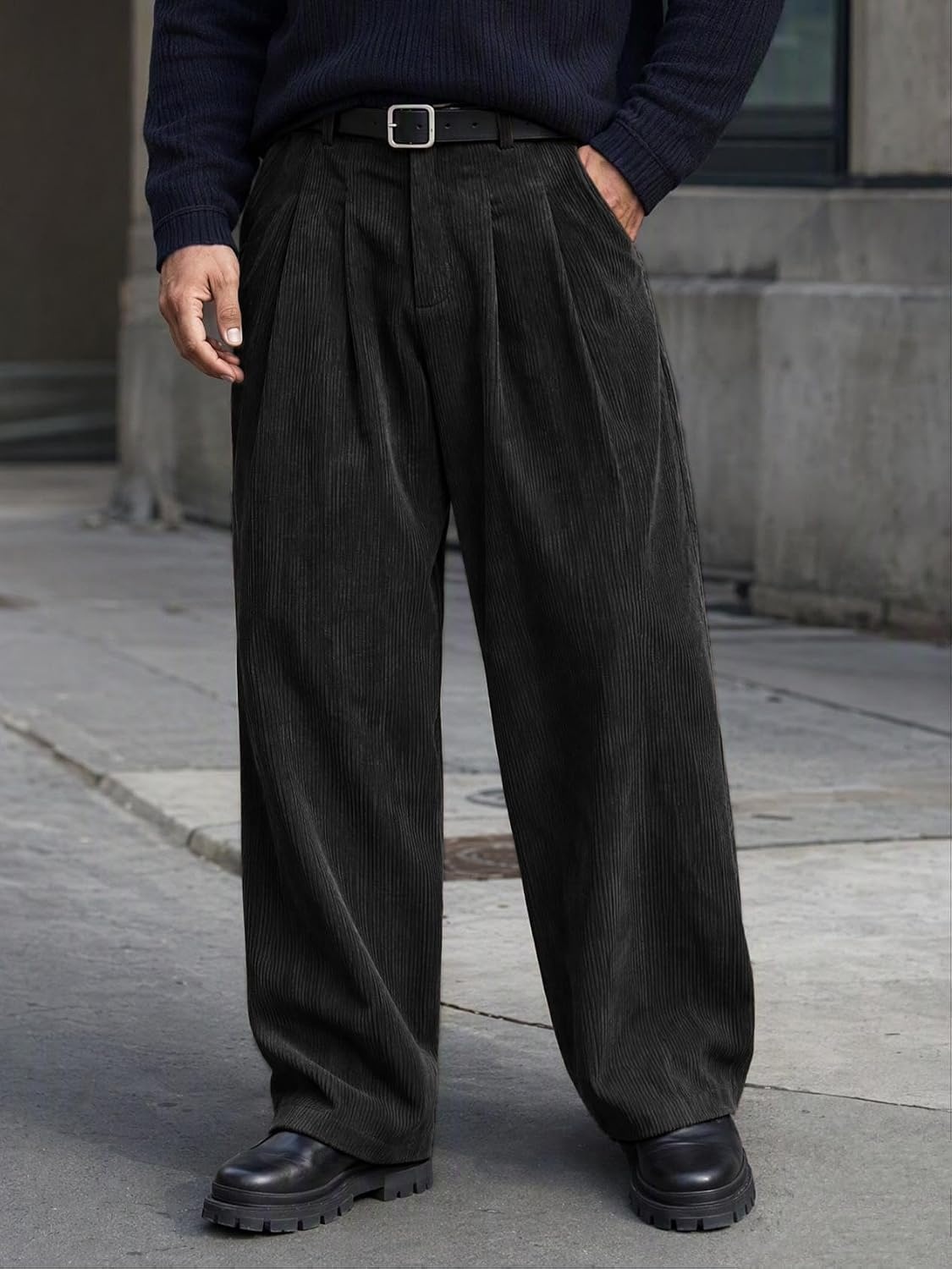 image:imageRuncati Mens Corduroy Baggy Pants Wide Leg Casual Fall Winter SlacksBlack