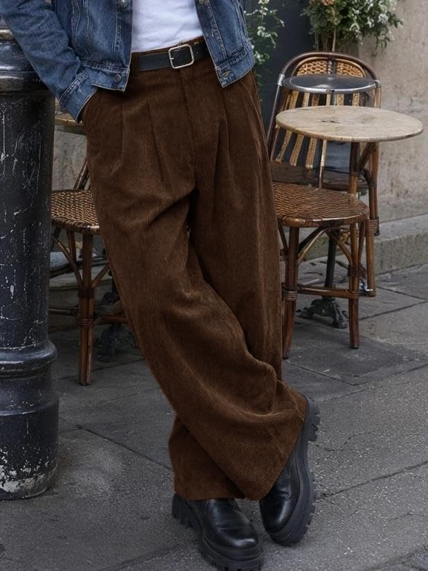 image:imageRuncati Mens Corduroy Baggy Pants Wide Leg Casual Fall Winter SlacksBrown